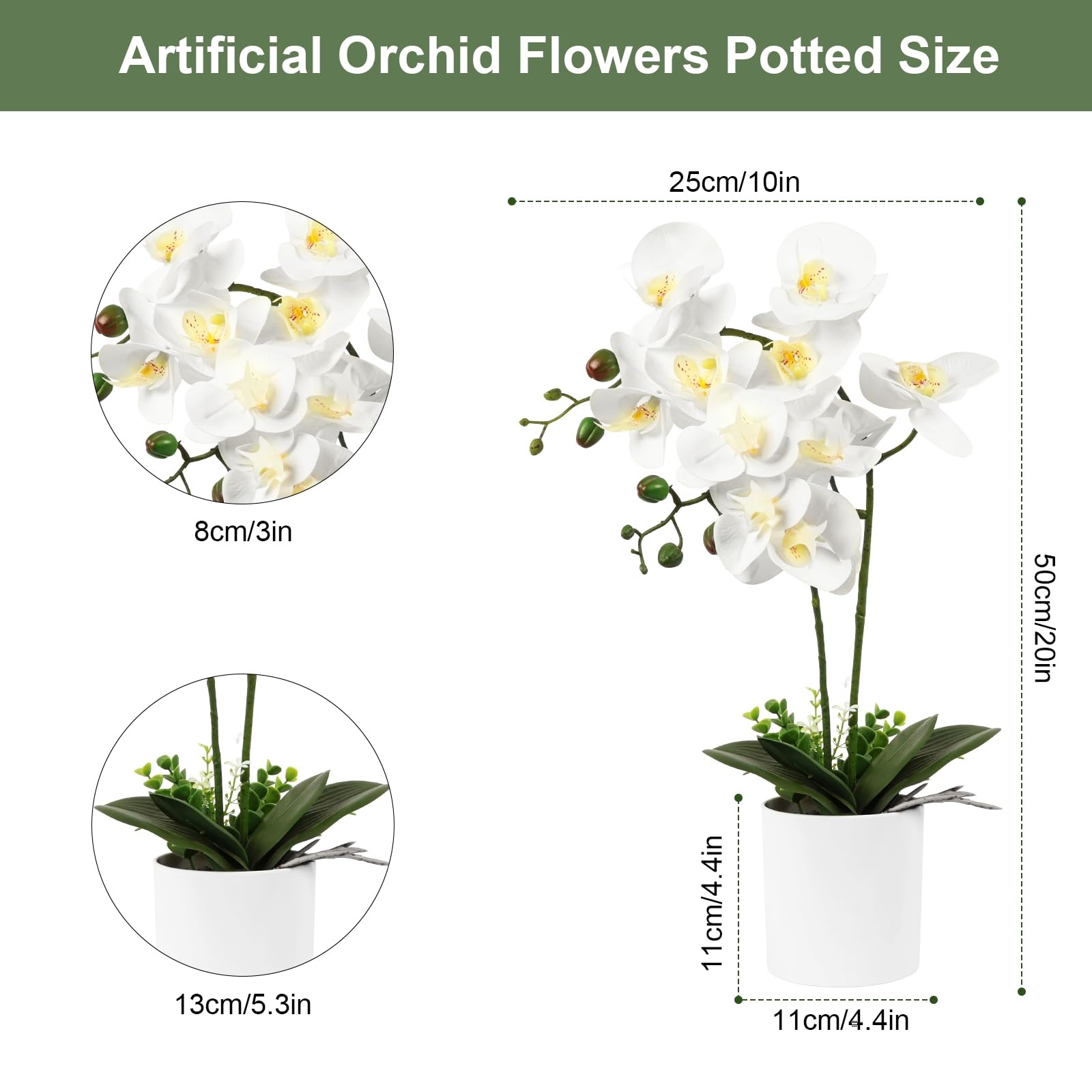 Artificial Orchid Flower Potted, 16.9″ White Orchid in Pot Faux Plant with 2 …