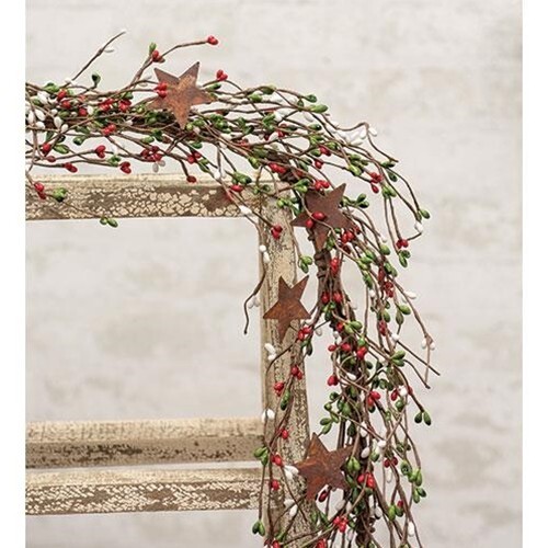 NEW Primitive PIP BERRY GARLAND RED GREEN WHITE 40″ Stars Farmhouse Christmas