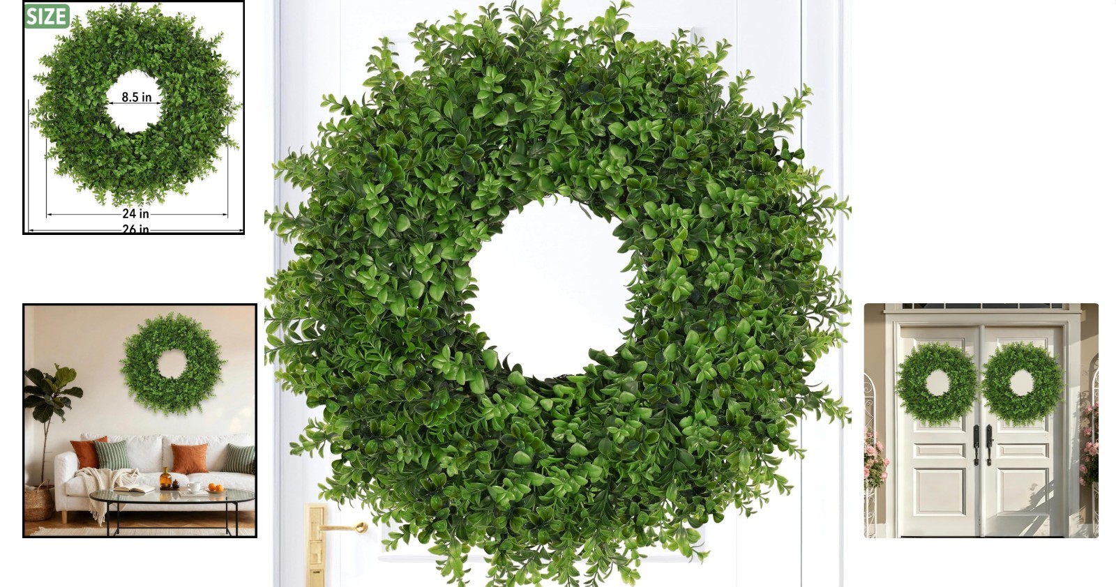 26 Inch Artificial Green Boxwoods Wreath for Indoor Outdoor Front Door Home D…