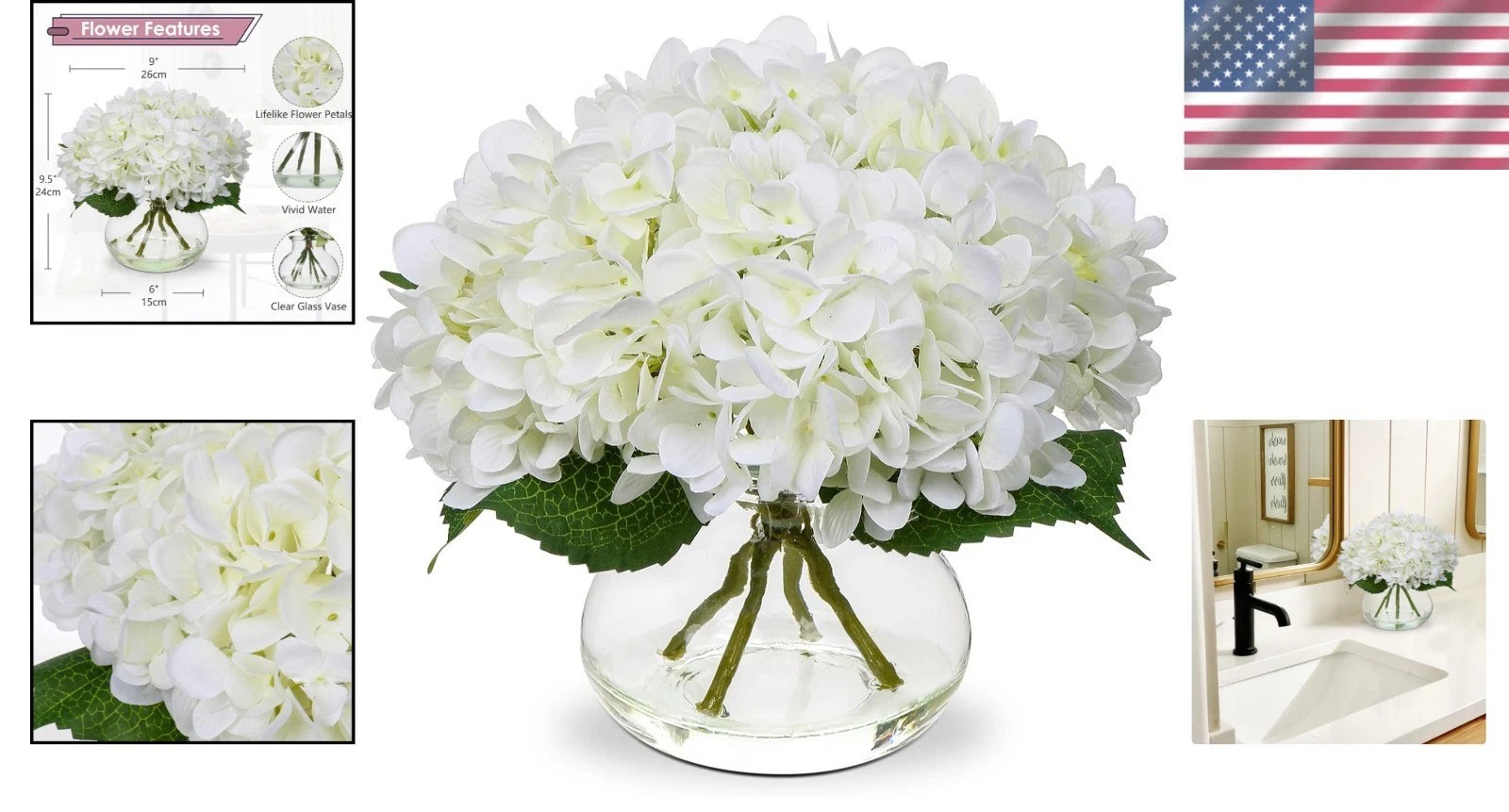 Realistic Silk Hydrangea Flower Arrangement in Glass Vase – Perfect Centerpiece