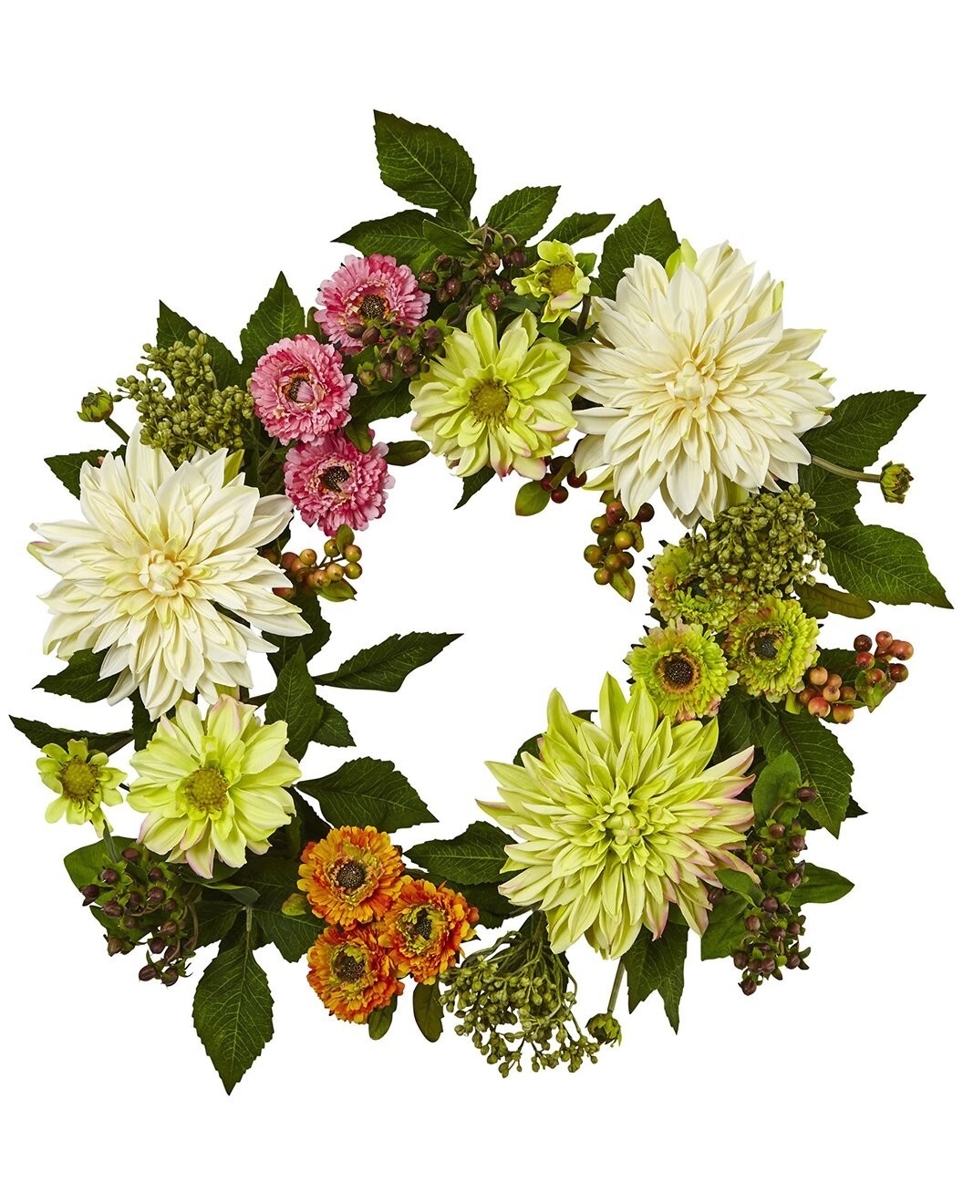 Nearly Natural Artificial Dahlia Mum 22″ Wreath Cream Green Pink Orange New