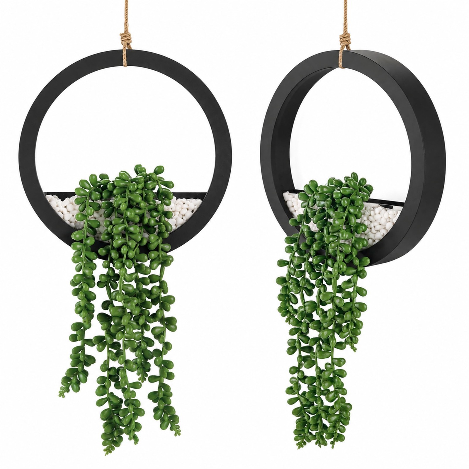 2 Pack 16″ Artificial Hanging Plants in Black Pots | Faux Succulents & String of