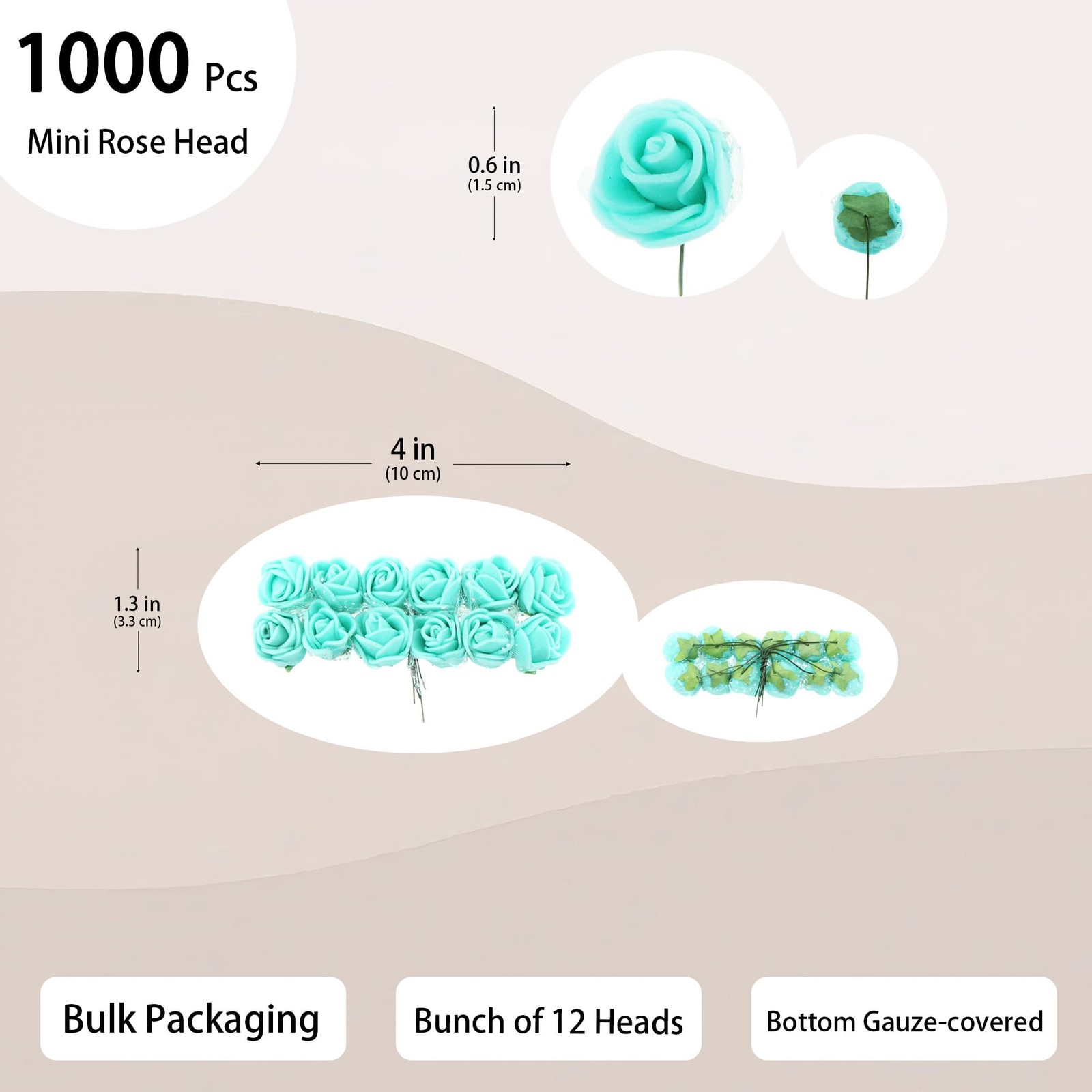 1000 PCS 0.6 Inch Mini Fake Rose Head Small Foam Artificial Teal Green