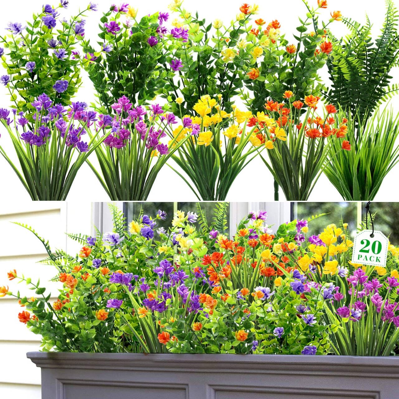 20 Bundles Artificial Flowers for Outdoors UV Resistant Fake Flowers Realistic F