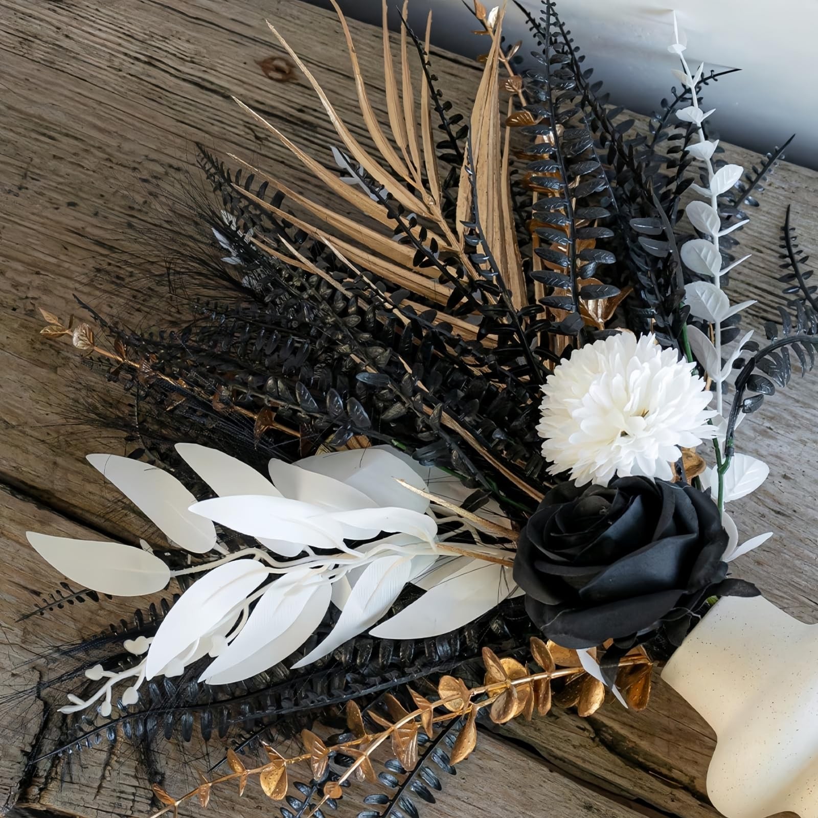 Gothic Artificial Flower Bouquet 17Inch Black Roses Gold Metallic Fern 13pcs