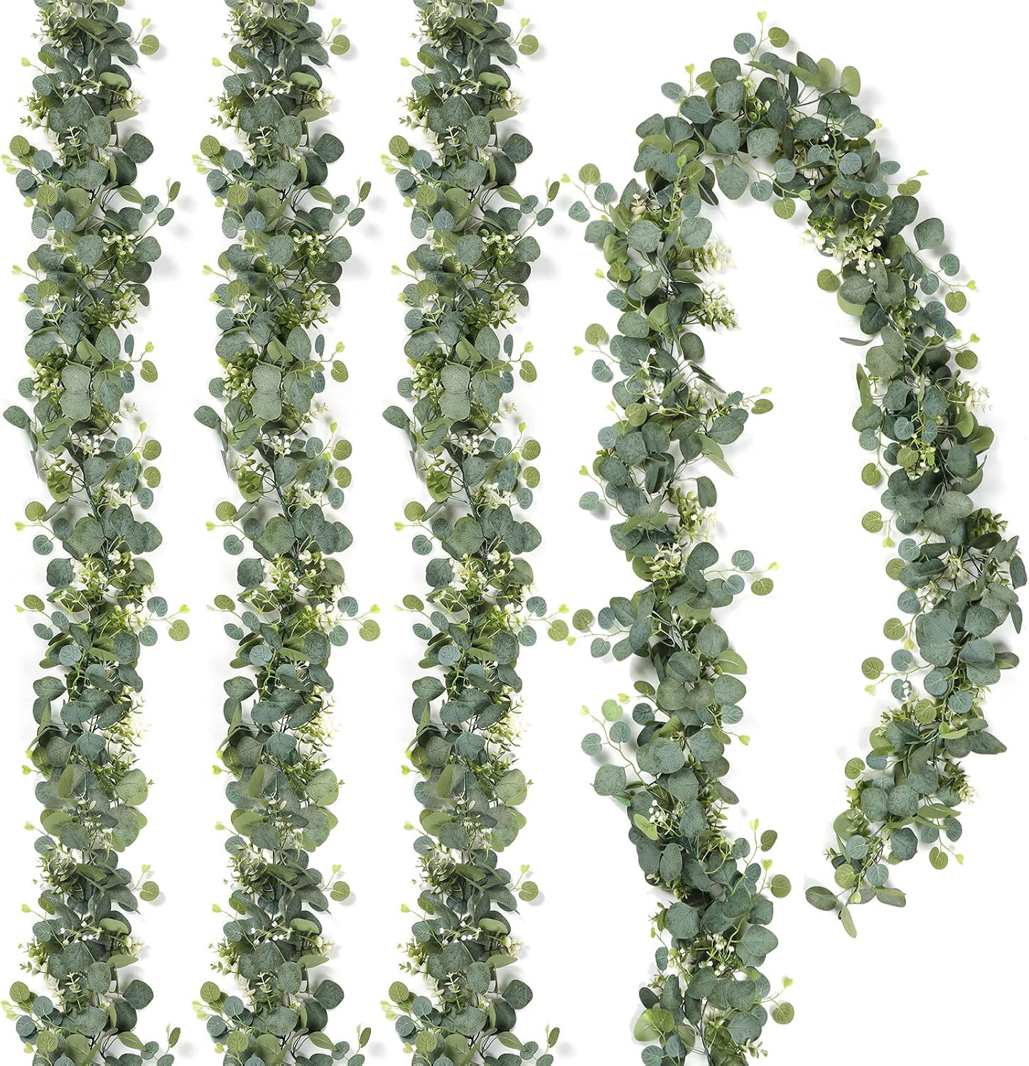 4 PCS Faux Eucalyptus Garland 5.9FT with White Flowers for Home & Wedding Decor
