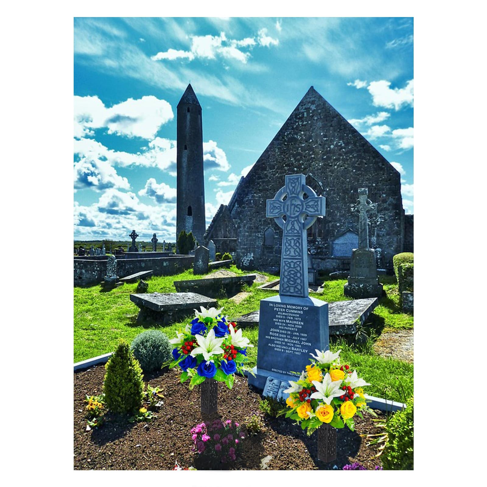 2 Sets Artificial Silk Cemetery Flowers, Memorial Flowers for Gravesite, Blue…