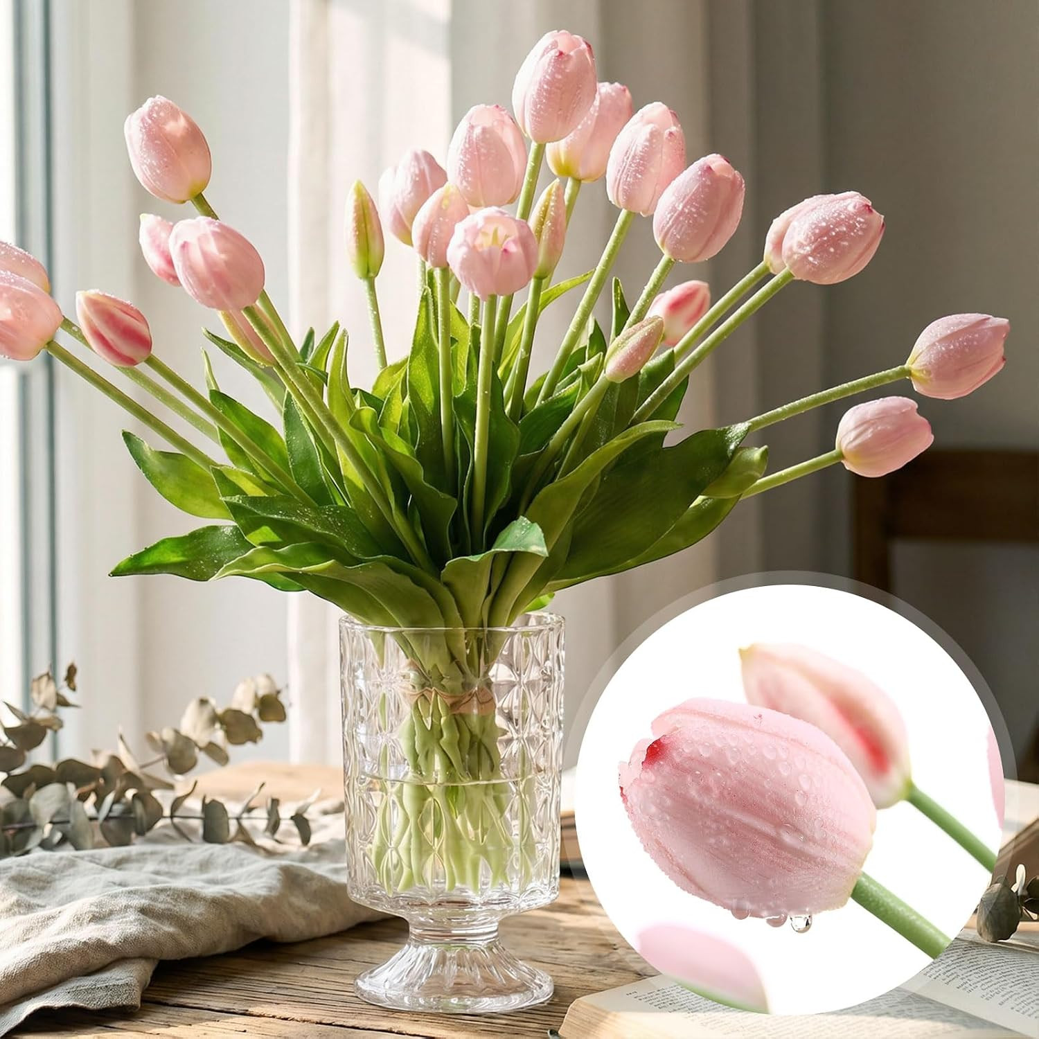 60 Pcs Pink Artificial Tulips Flowers Bouquet Bulk, Fake Tulips15.8″ Realistic S