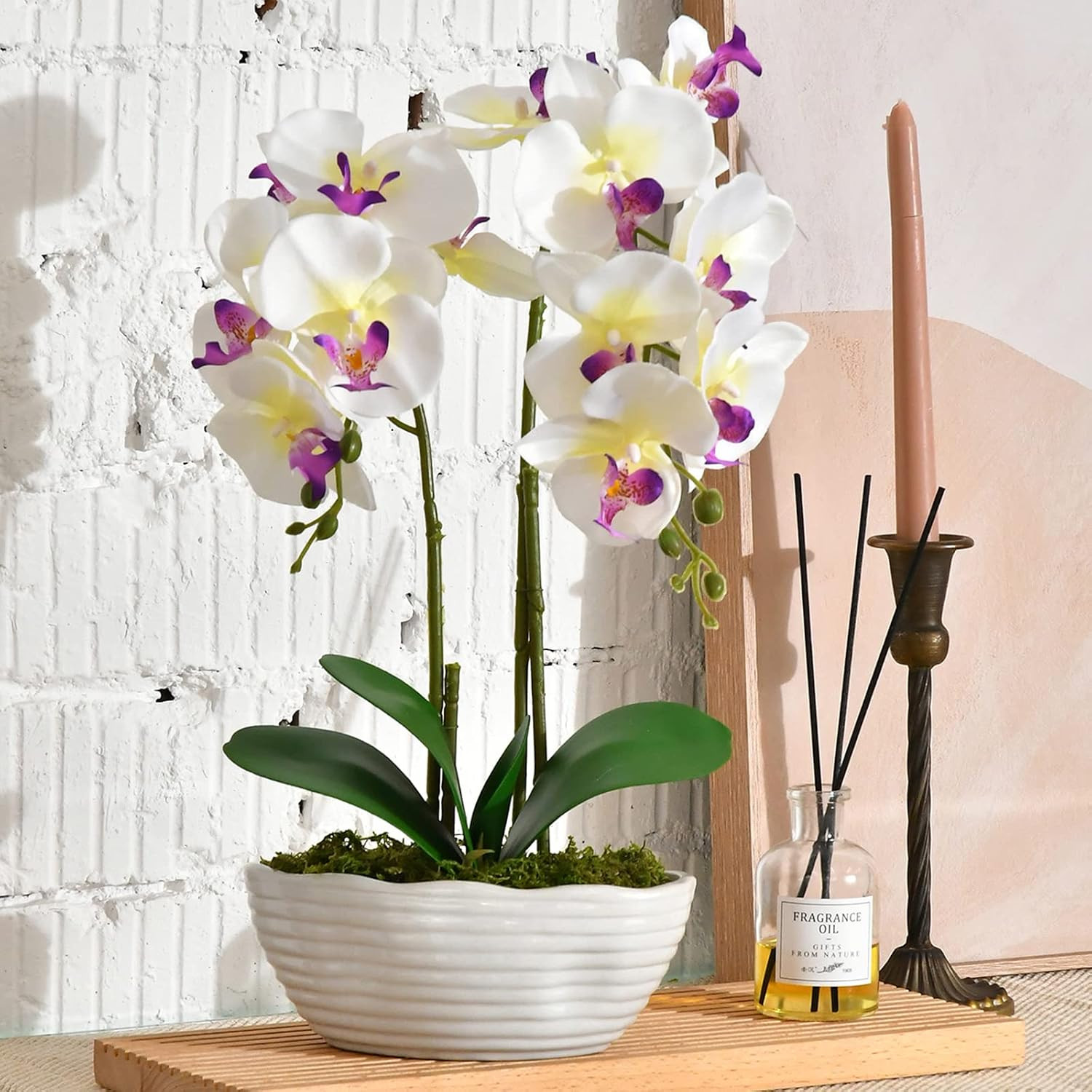 Elegant White Orchid Silk Flower Arrangement in Ceramic Pot