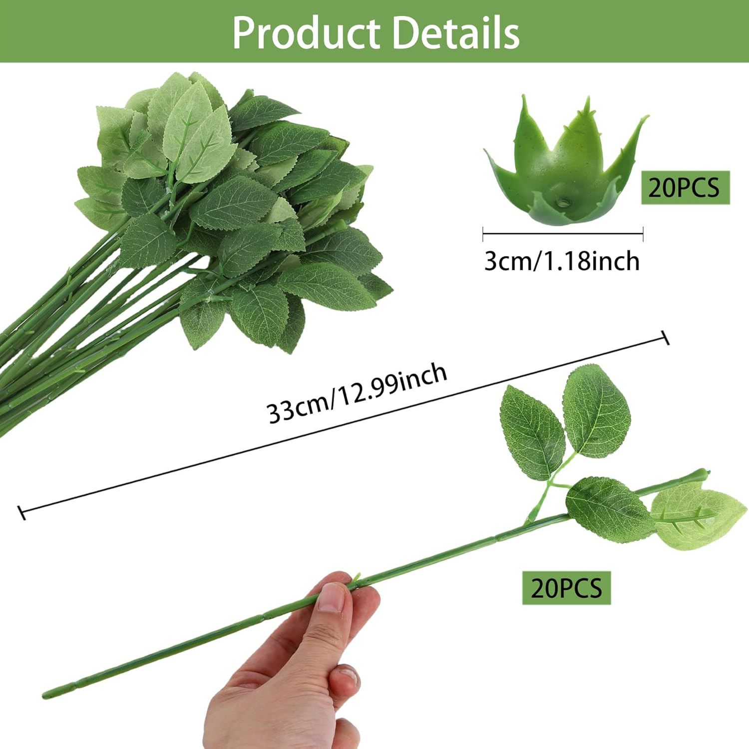 20PCS Floral Wire Stem with Leaves and 20PCS Artificial Flower Calyxes Set, for