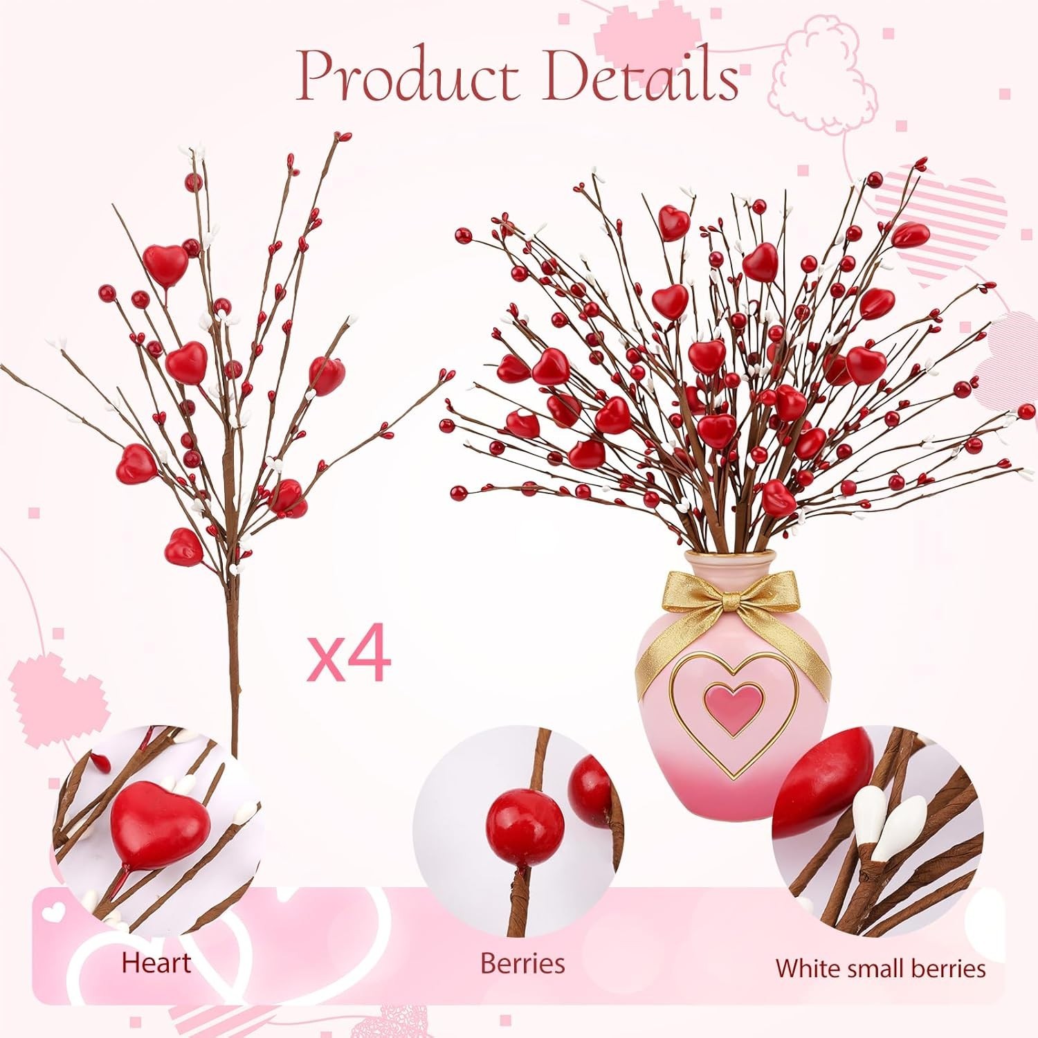 Valentine’s Day Heart Shaped Decorations – 4 Pcs for Candles and Bouquets