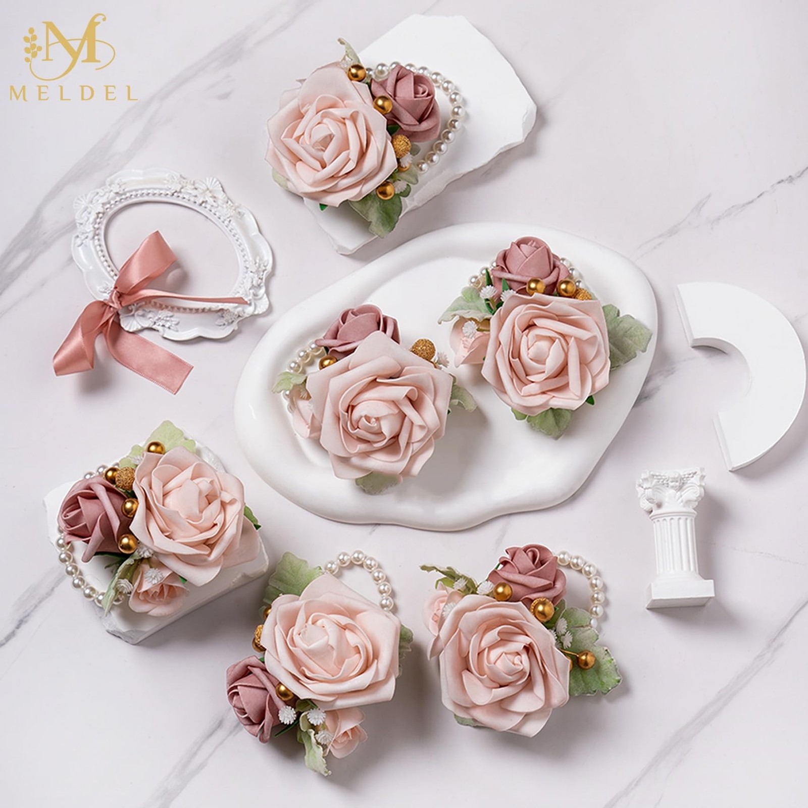 6 Pcs Dusty Pink Wrist Corsage, Wedding, Prom Hand Flower, Bride, Bridesmaids