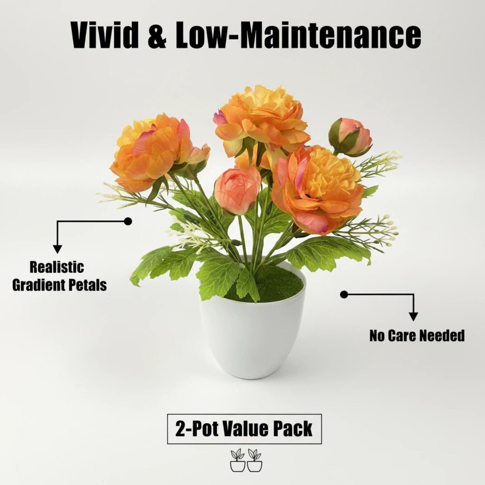 2 PCS Small Fake Potted Flowers Orange Artificial Ranunculus For Home Decor