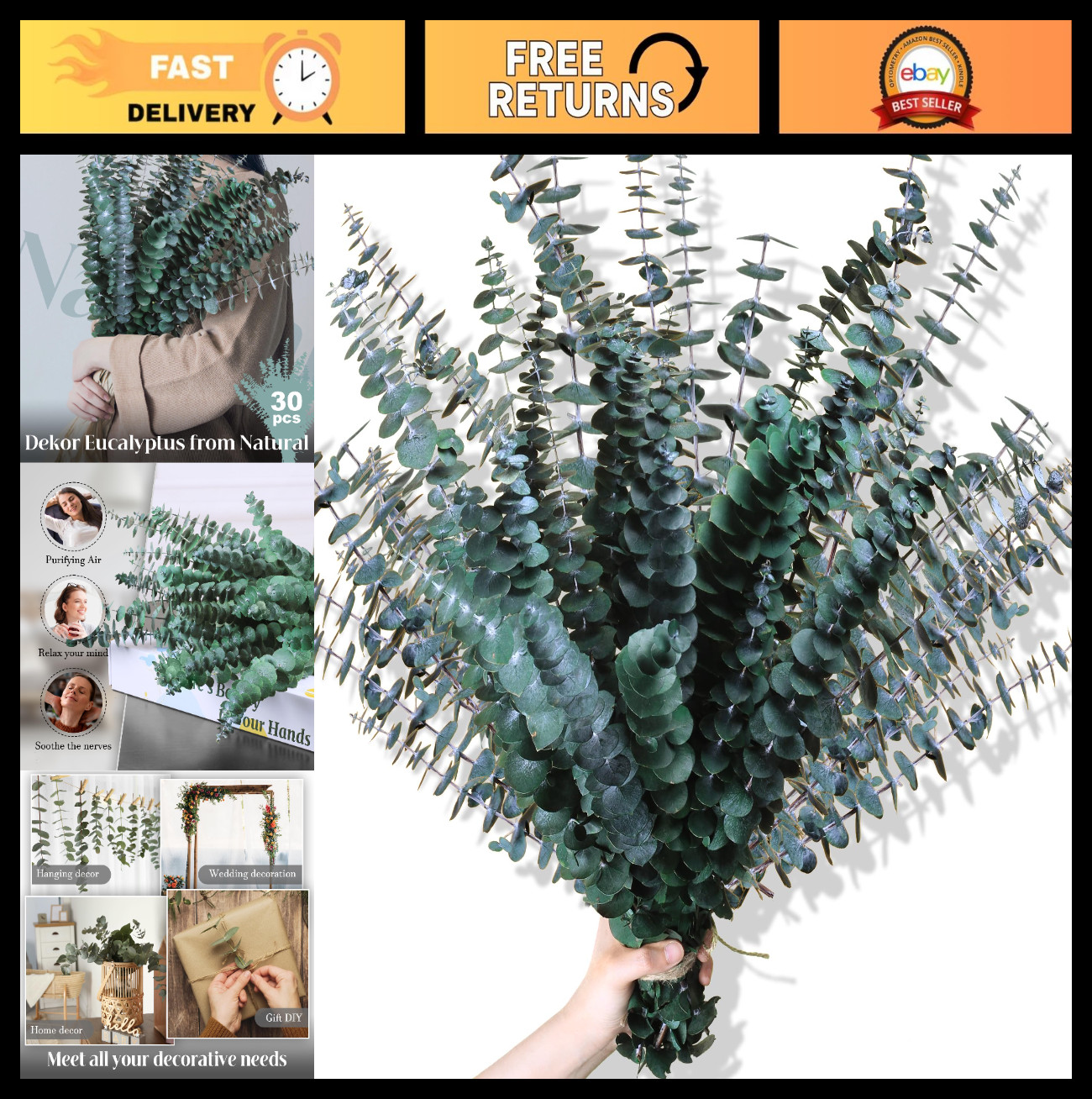 30Pcs 17″ Dried Eucalyptus Stems – Natural Preserved Branches for Home Decor, We