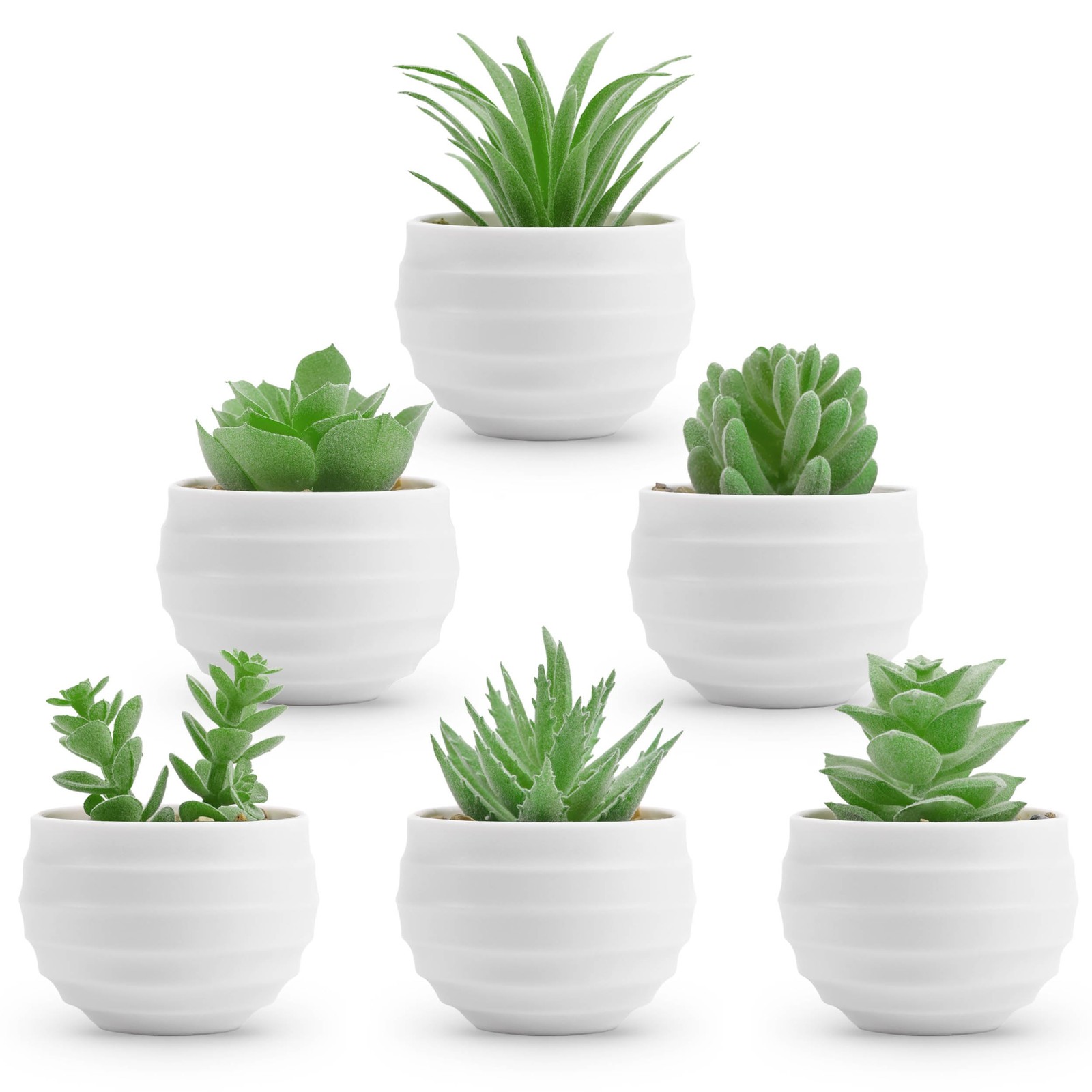 6 Pack Mini Fake Succulent Plants in White Pots Artificial Faux Greenery Decor