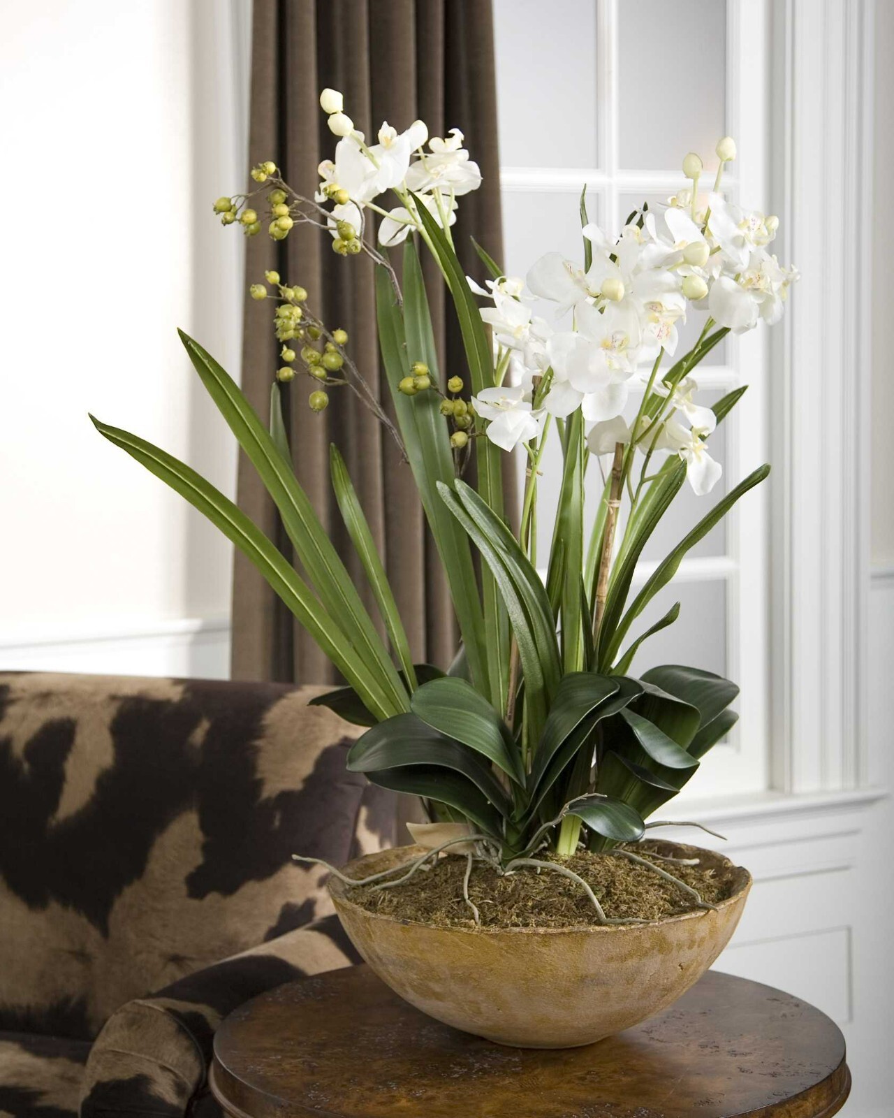 UTTERMOST 60039 MOTH ORCHID PLANTER MIXED FOLIAGE HAND-PAINTED BROWN DISH