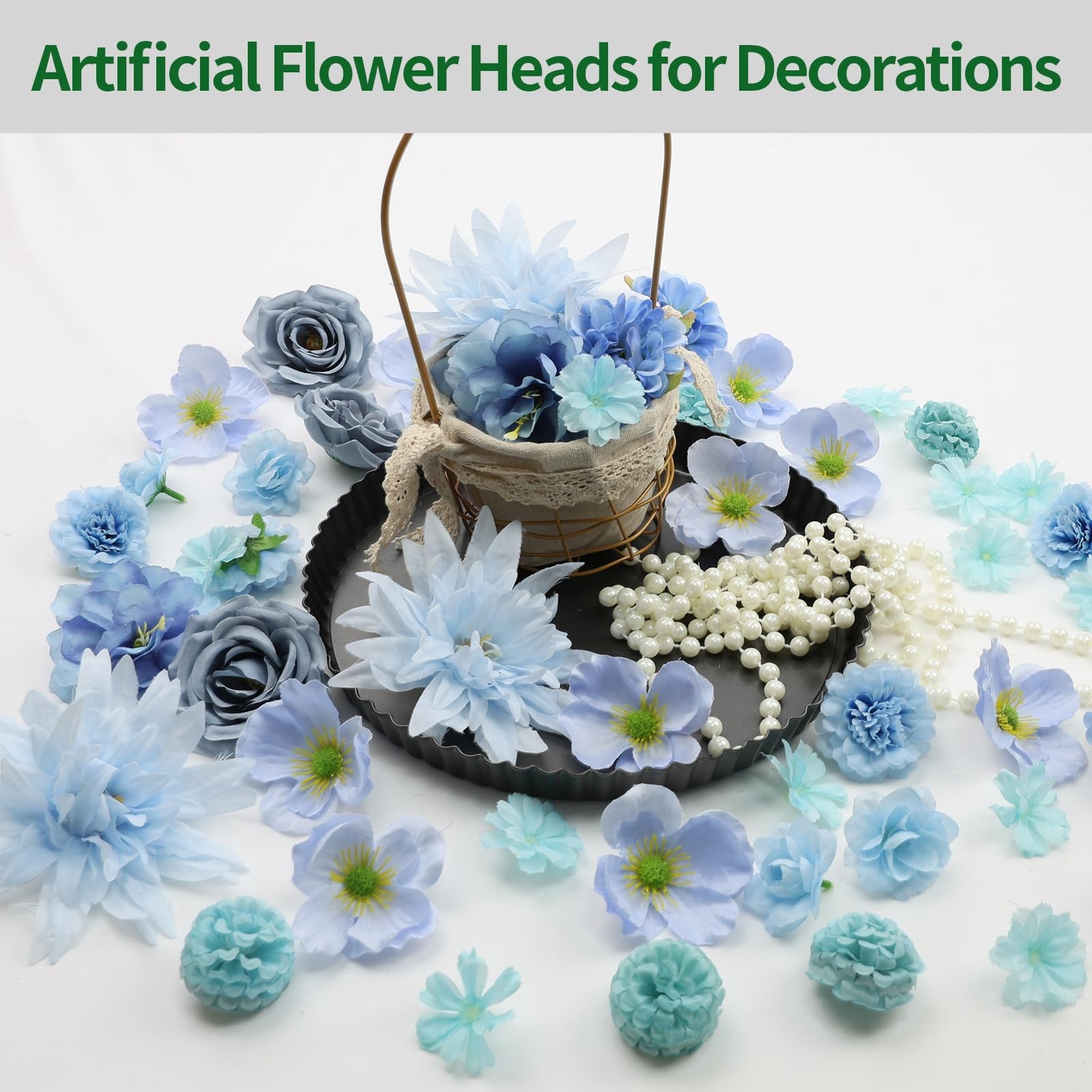 56 PCS Faux Flower Heads Combo Blue Silk Flowers Mix Peony Rose Hydrangea Fak…