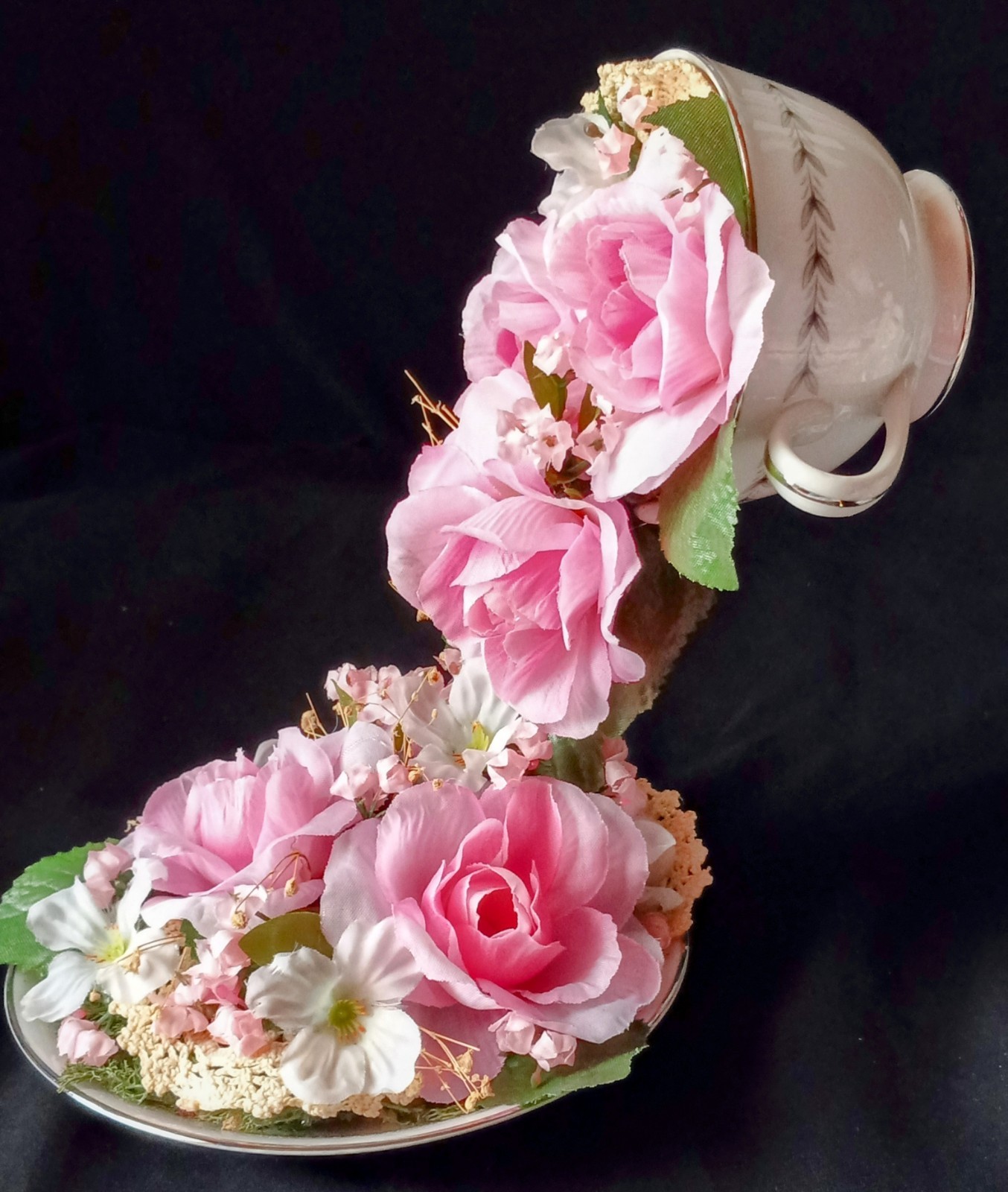 New Floral China Floating Teacup W Pink Floral Arrangement 8″ Tall #B FL#2