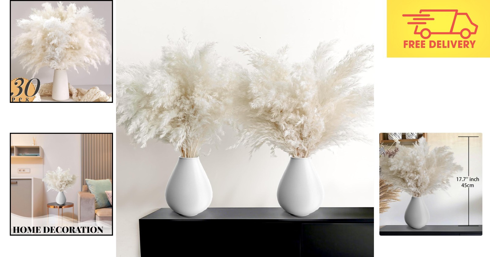 Elegant 30PCS White Pampas Grass for Boho Decor – Ideal for Weddings & Nurseries