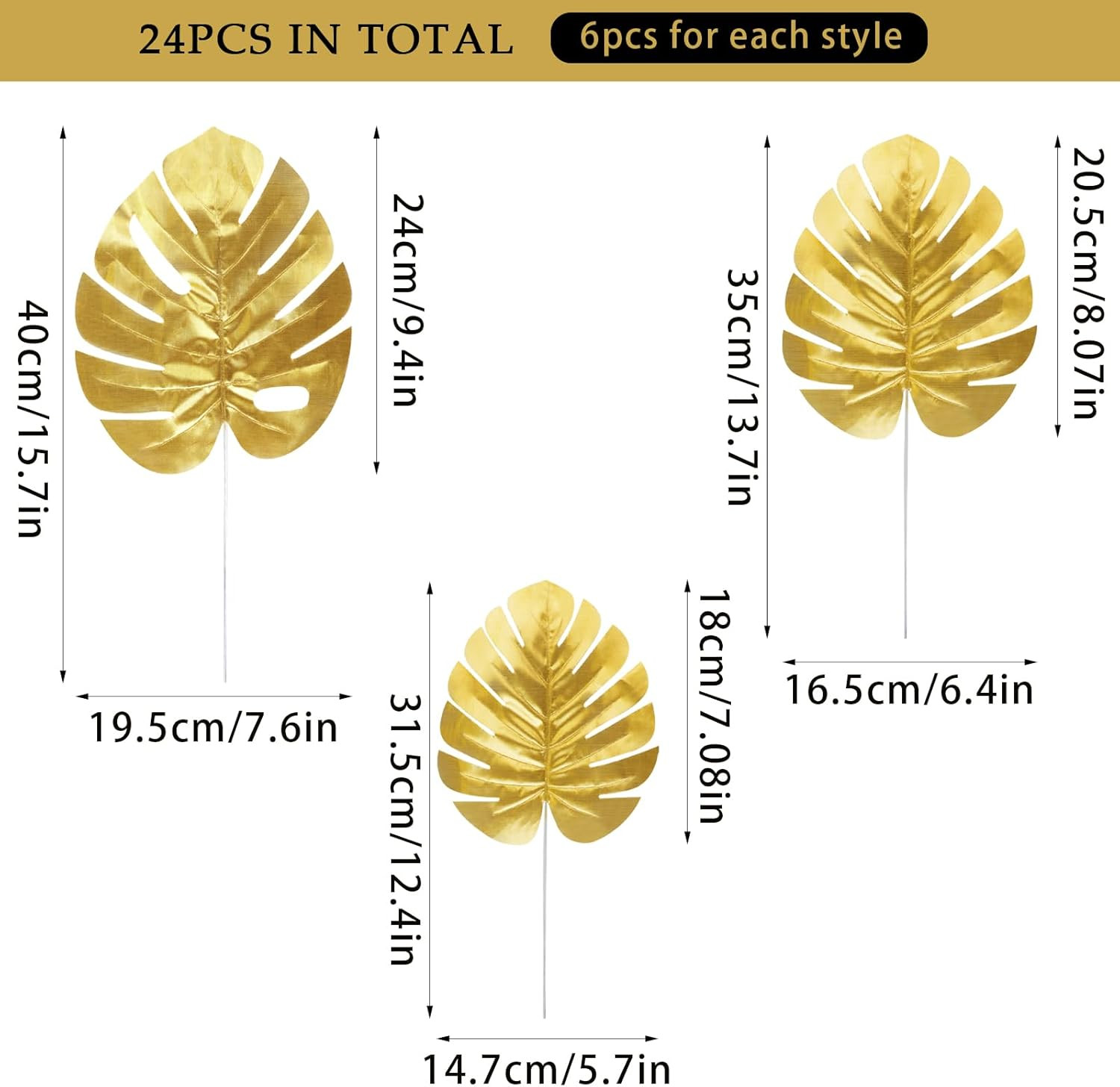 24PCS Golden Artificial Palm Leaves, 3 Sizes Faux Monstera Leaves Simulation Saf