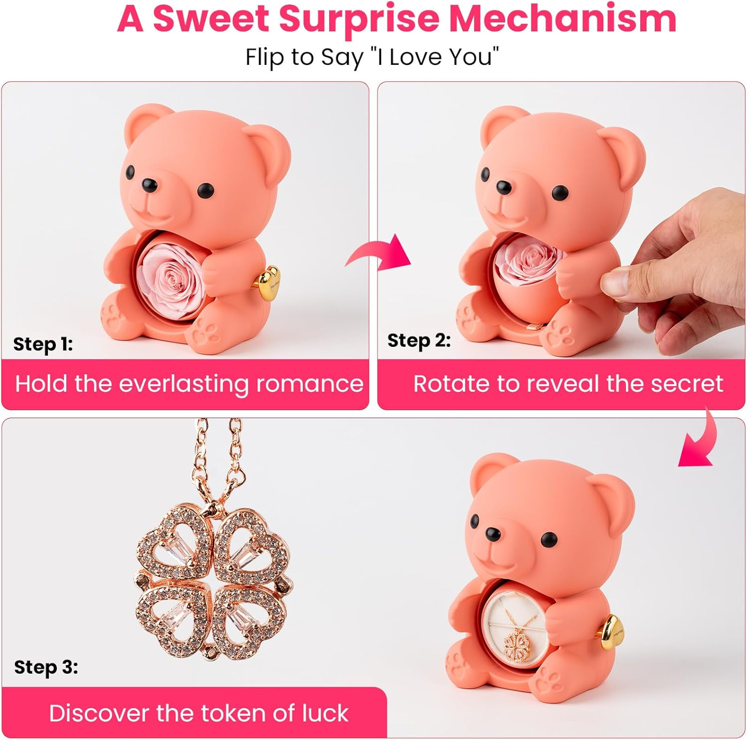 Teddy Bear with Preserved Rose Flower in Bear with Necklace and Box, Unique Moth