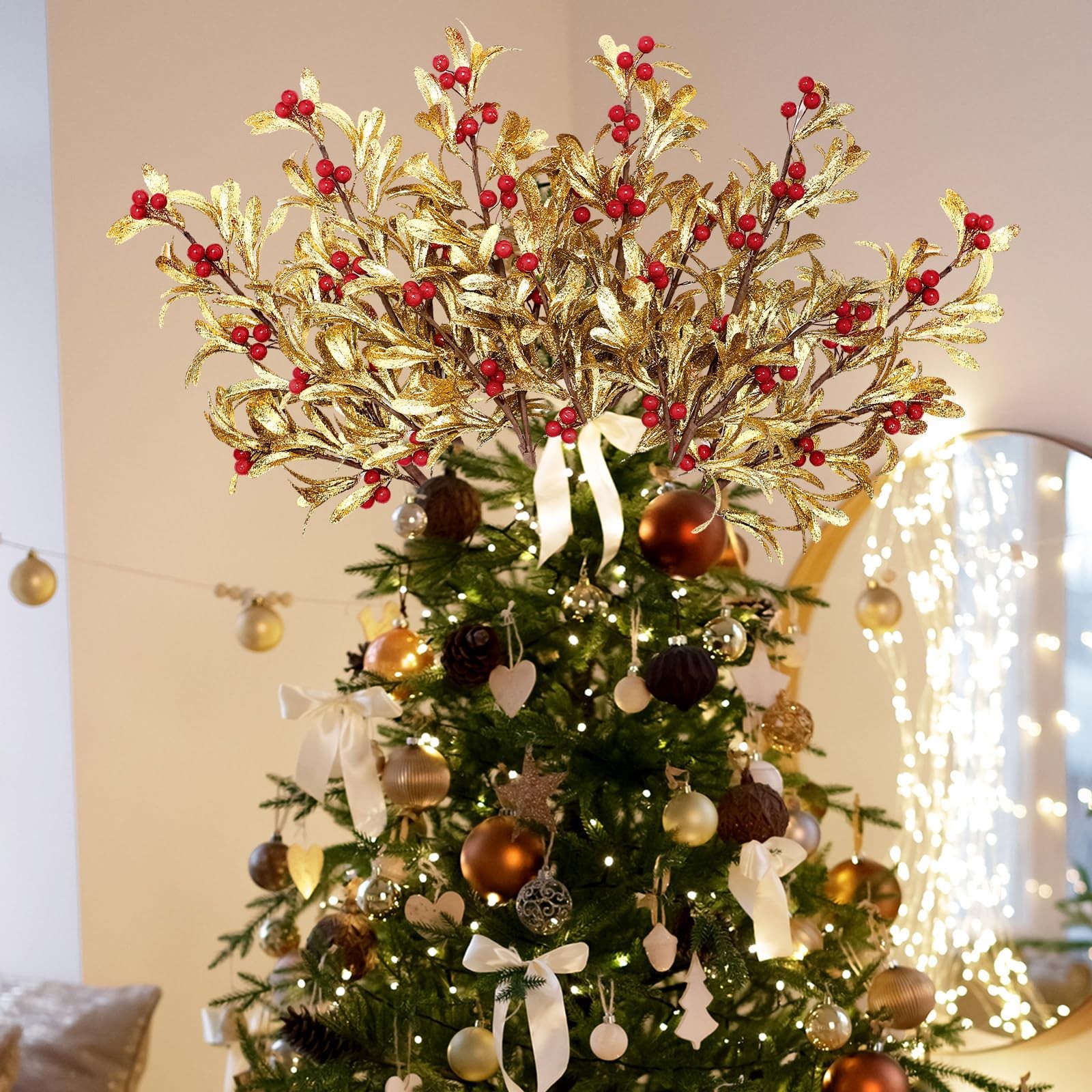 4 Pcs Christmas Artificial Mistletoe Picks 23.6 Inch Xmas Fake Flowers with R…
