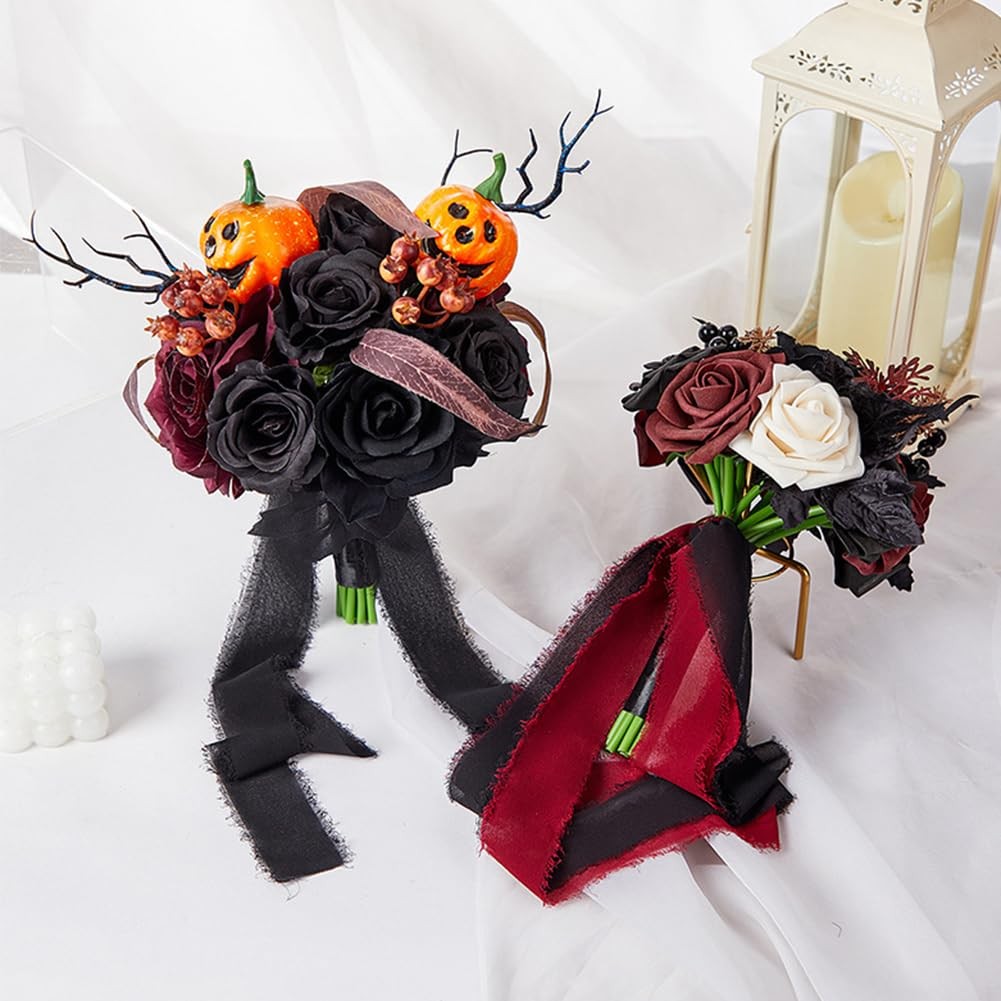 Wedding Bouquets For Bride Bridesmaid Black Burgundy Gothic Artificial Rose