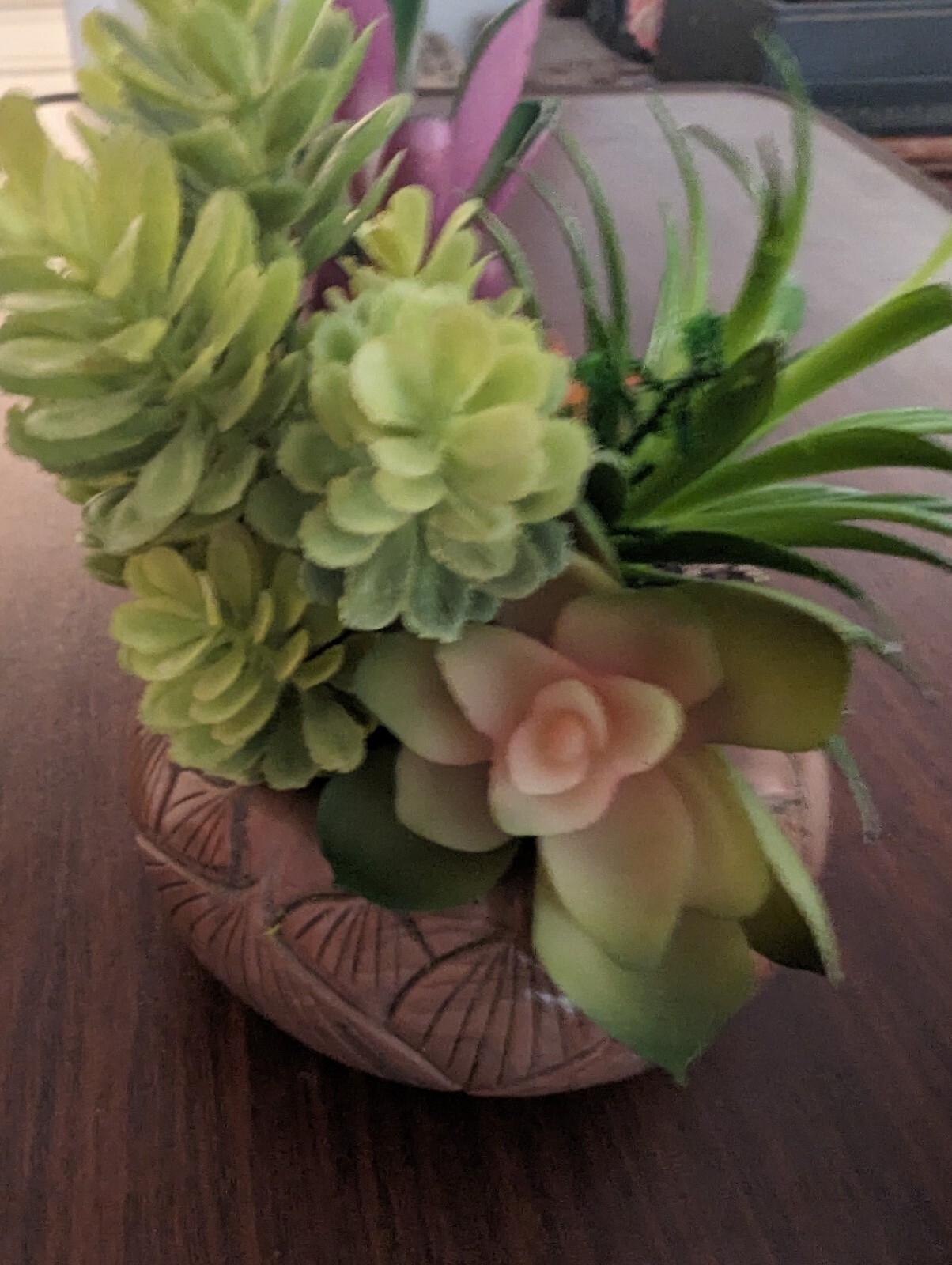 Carved Stone Lotus Bowl Repurposed W/Faux Succulents 5 In. Tall 4 In Wide