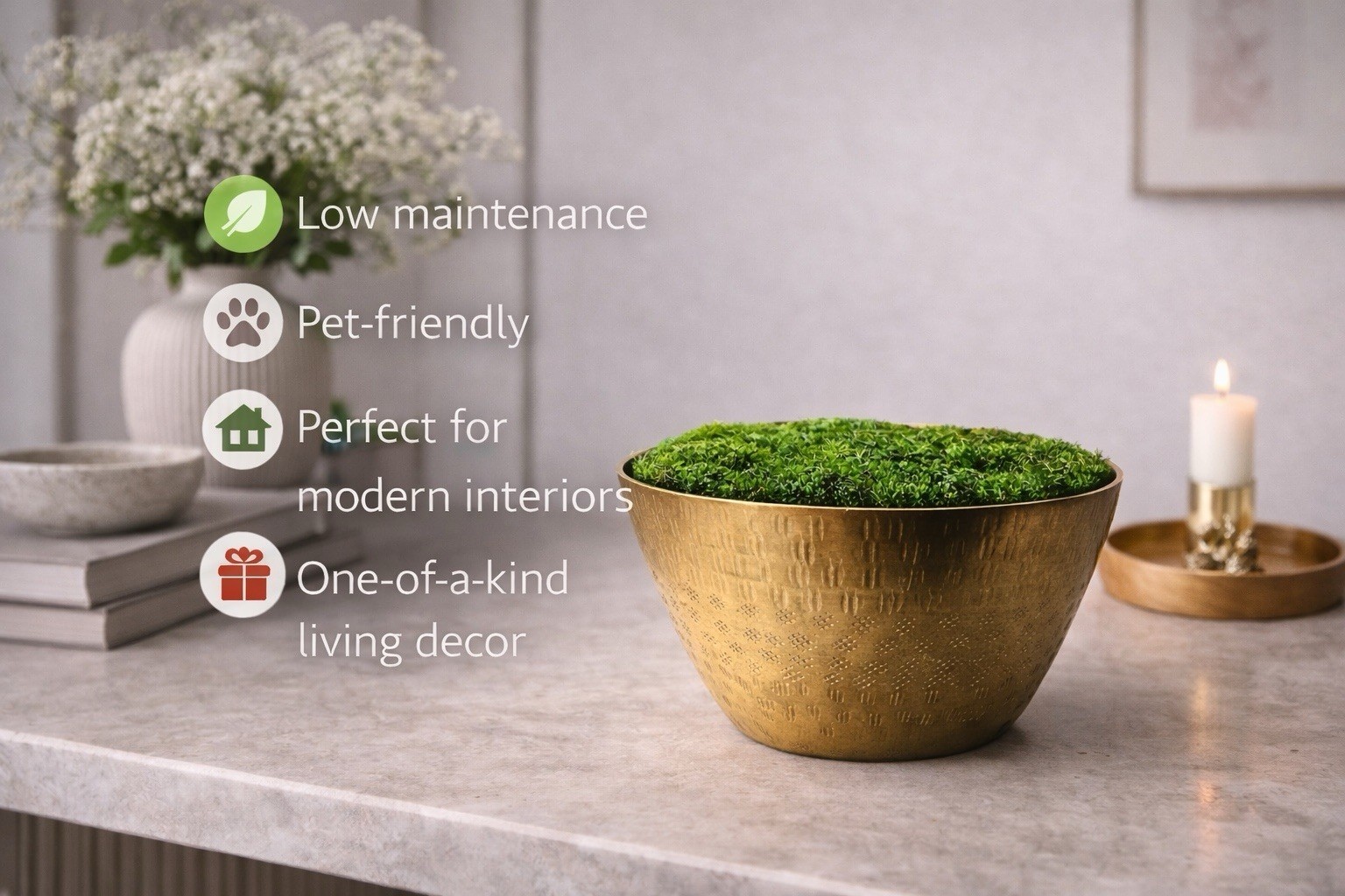 Preserved Moss Brass Bowl 5” x 6” Handmade Botanical Decor · No Maintenance Moss