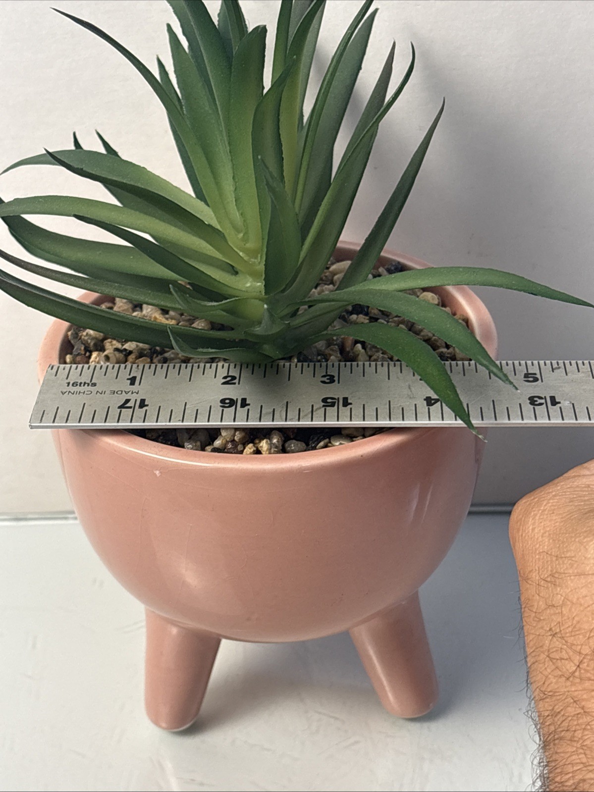Ceramic Planter w Faux Succulent Pink Tripod Pot Mid Century Style Decor