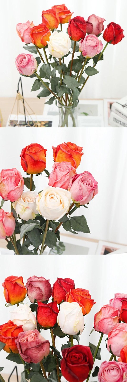 5PCS Artificial Burnt Edge Rose Buds 58cm Wedding Home Table Decor Photo Props