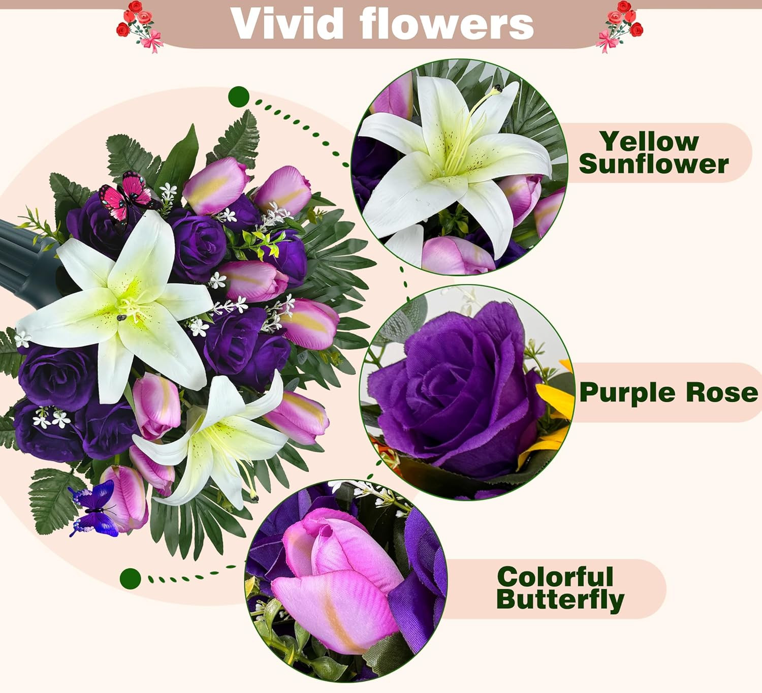 Cemetery Flowers with Vases for Grave Decor Silk Lily Rose Tulip Headstone Flowe