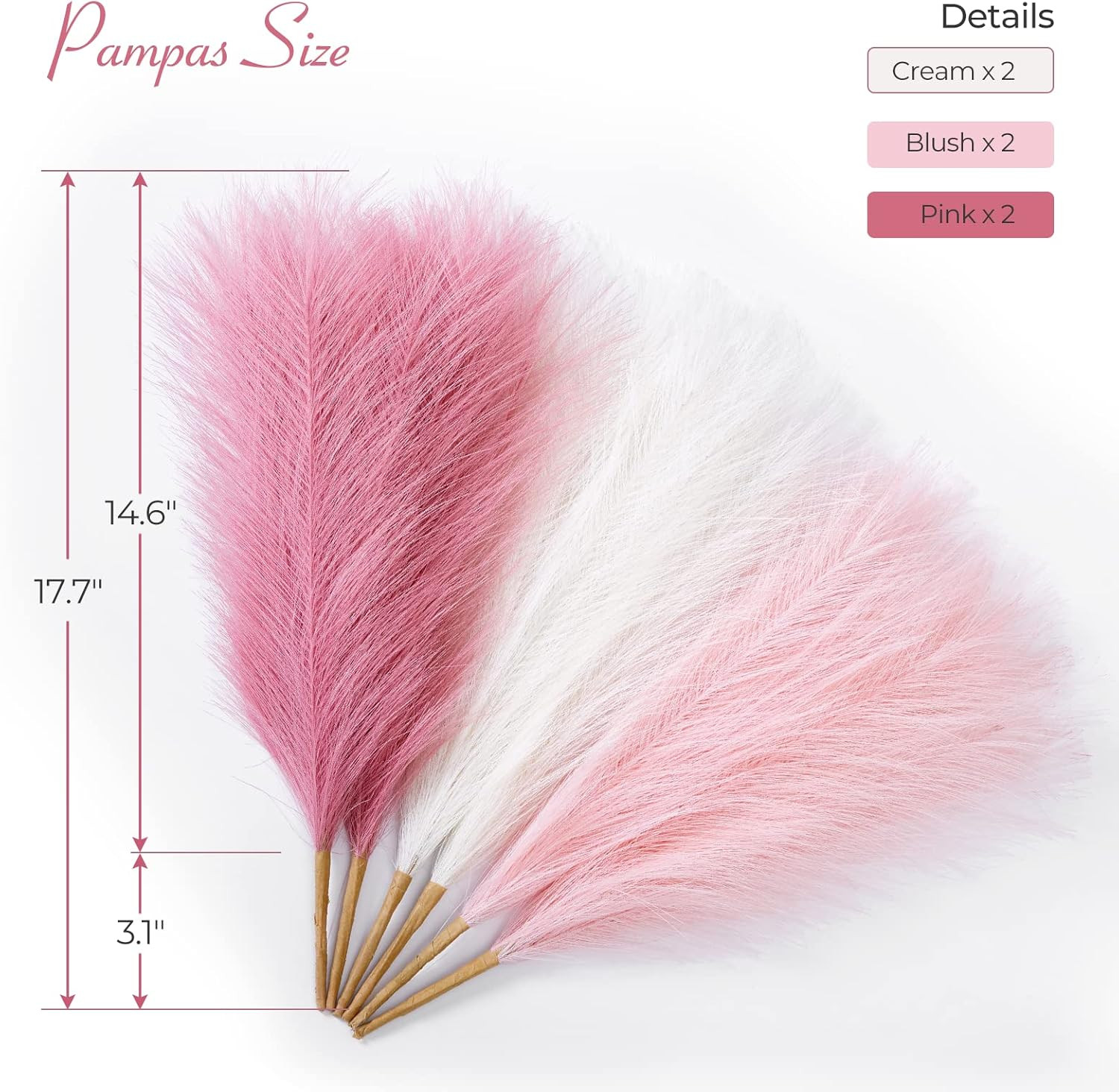 Pampas Grass Pink Decor 17.7 Inch 6pcs, Faux Pampas Grass Home Decor, Artificial