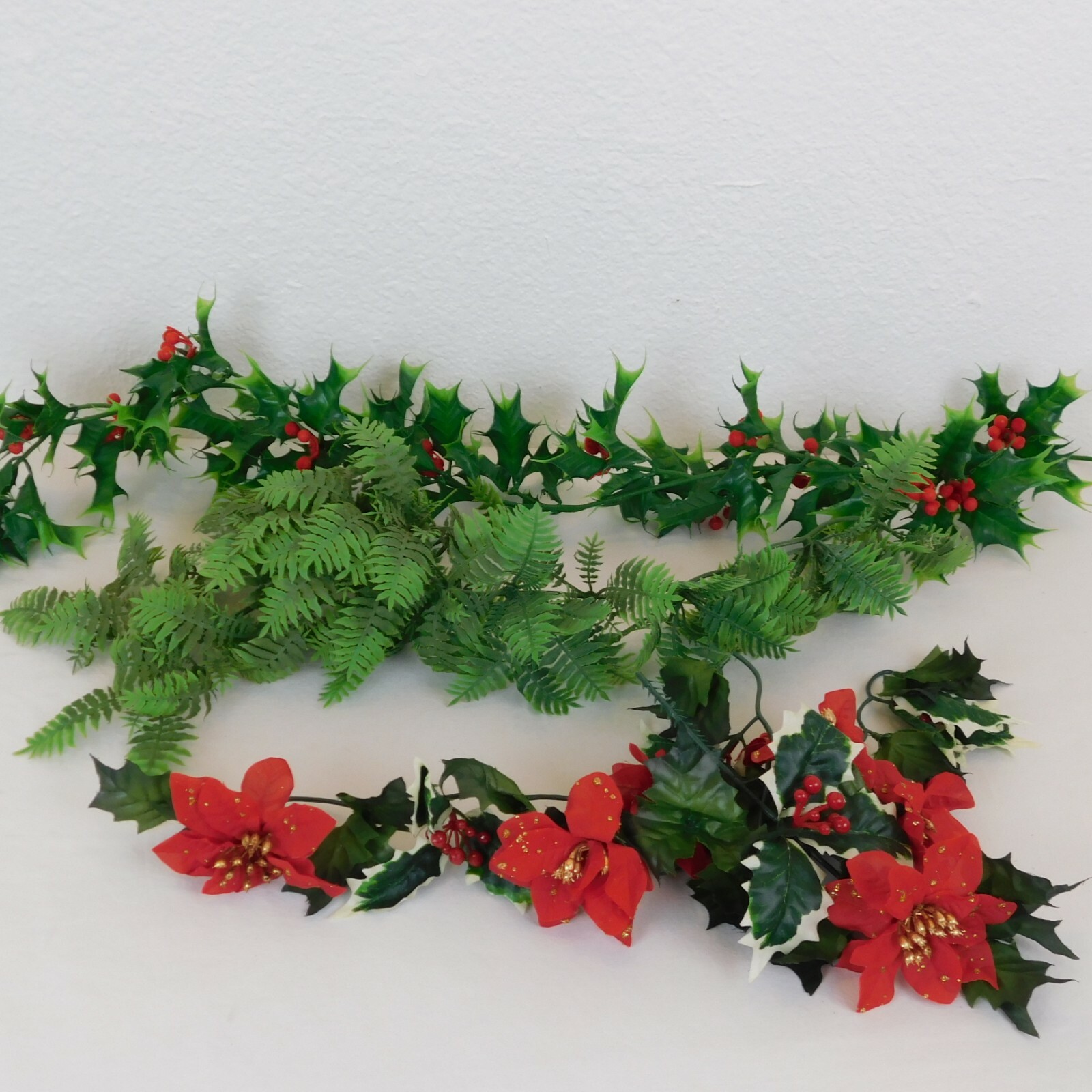 3 Piece Artificial Floral Pieces Holly & Berries Poinsettia Fern Red White Green
