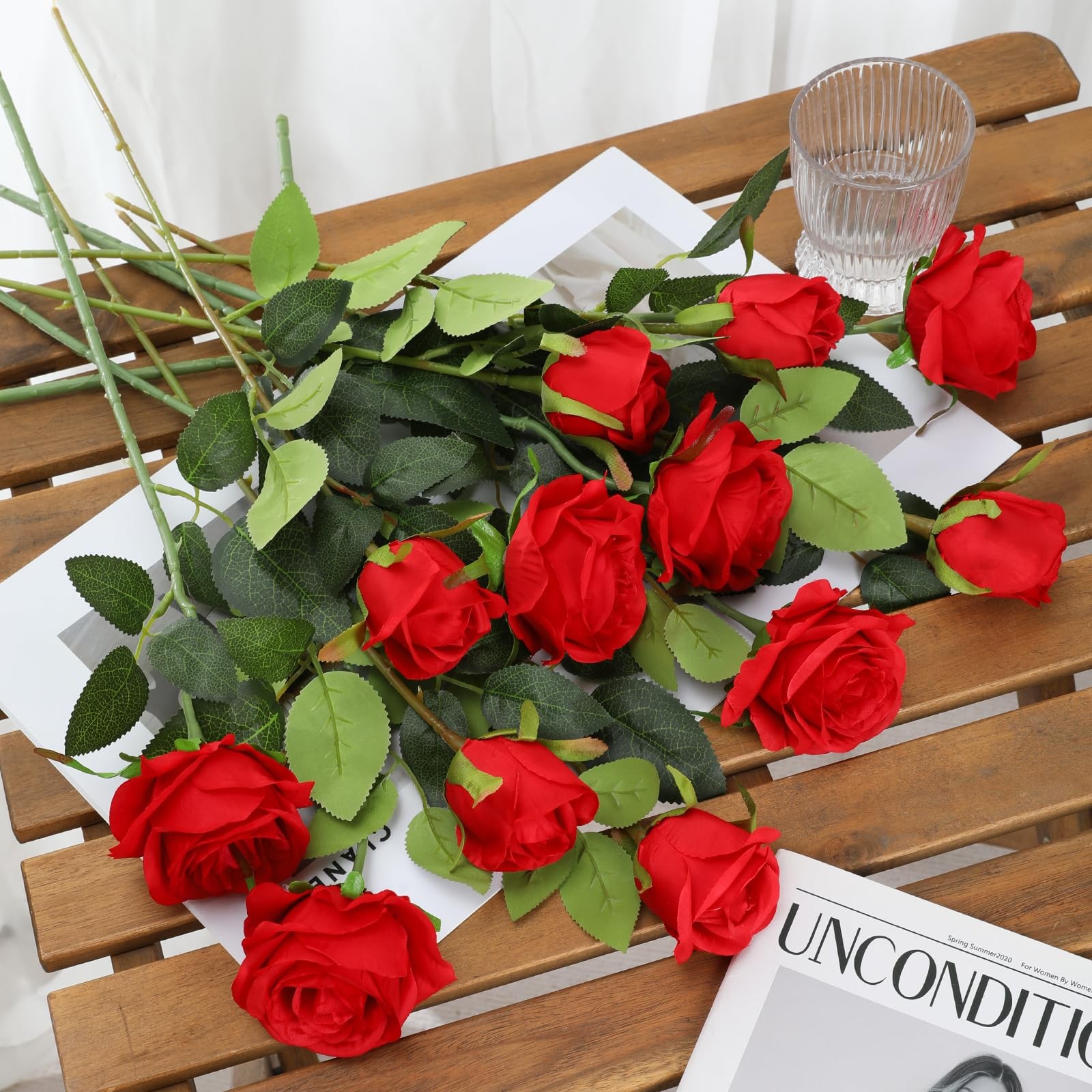 Red Roses Artificial Flowers – 12 pcs Realistic Long Stem Fake Roses Mashup S…
