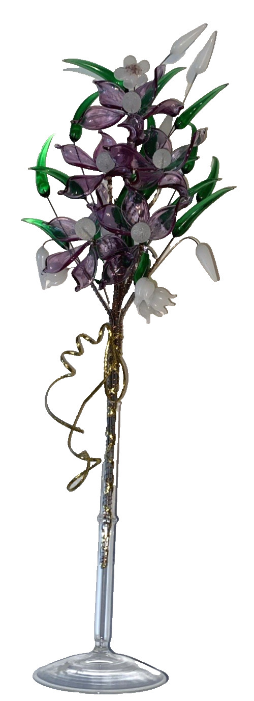 Acrylic Purple and White Floral Arrangement in Clear Stand