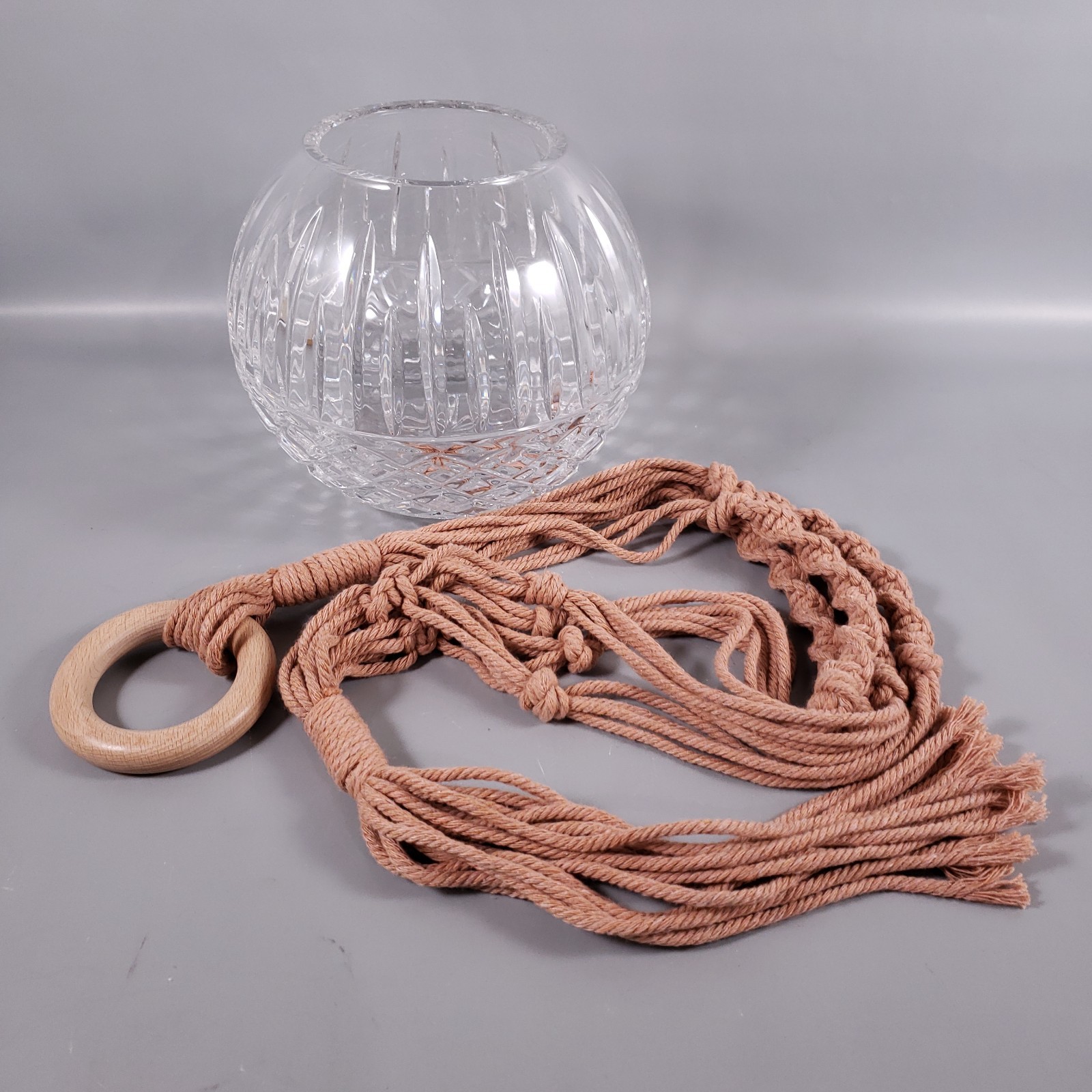 MCM Bohemian Clear Cut Crystal Rose Bowl & Brown Macrame Plant Hanger SET