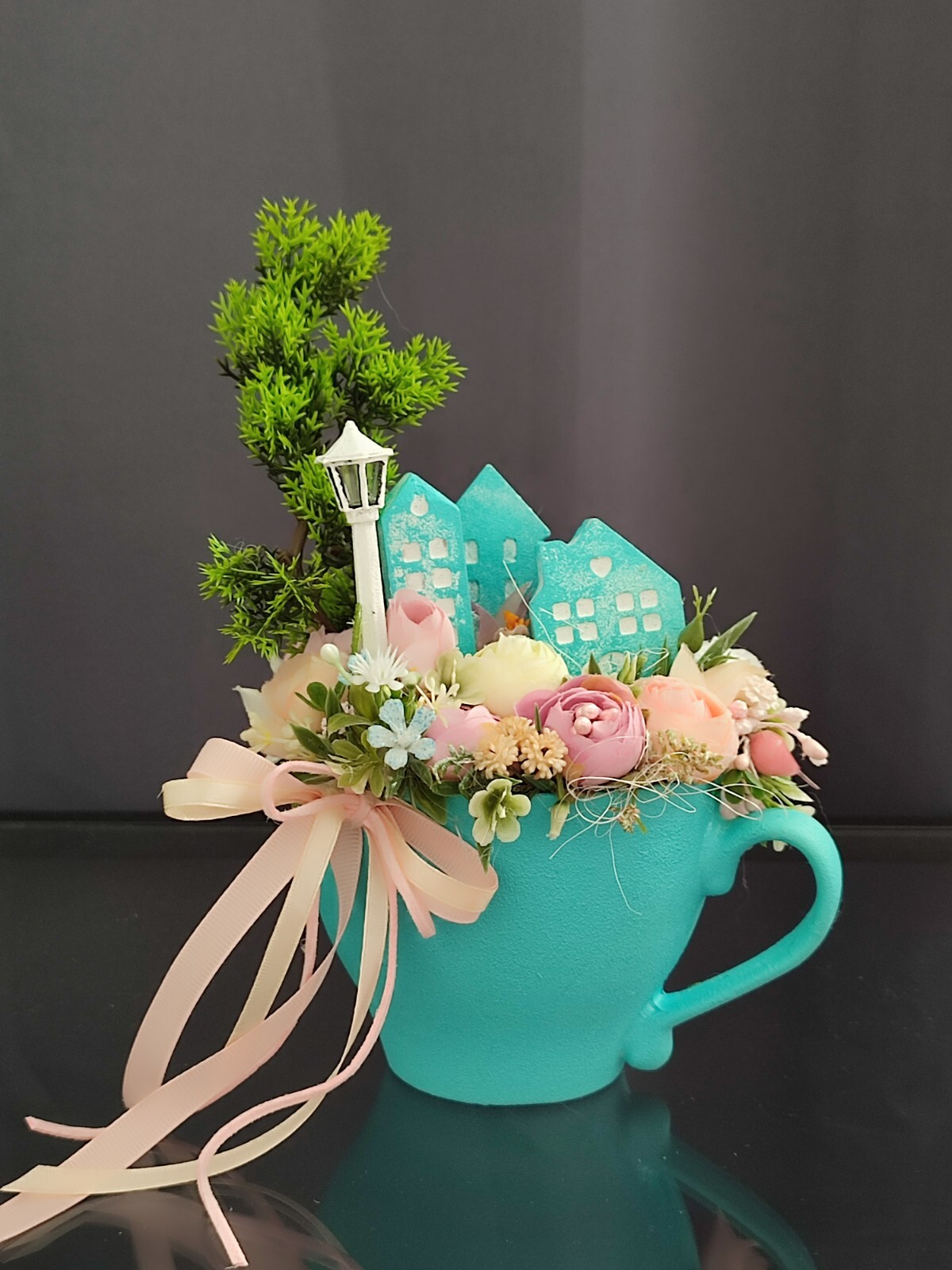 Floral Arrangement in Cup, Teacup flower bouquet, Miniature floral Arrangement