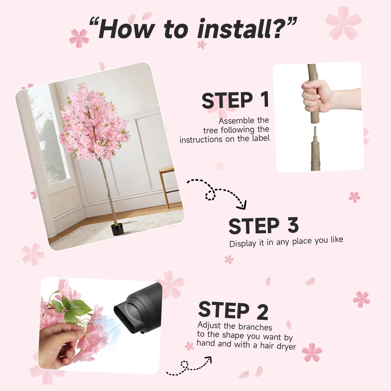 6FT Pink Artificial Cherry Blossom Tree, Realistic Potted Faux Cherry Tree, S…