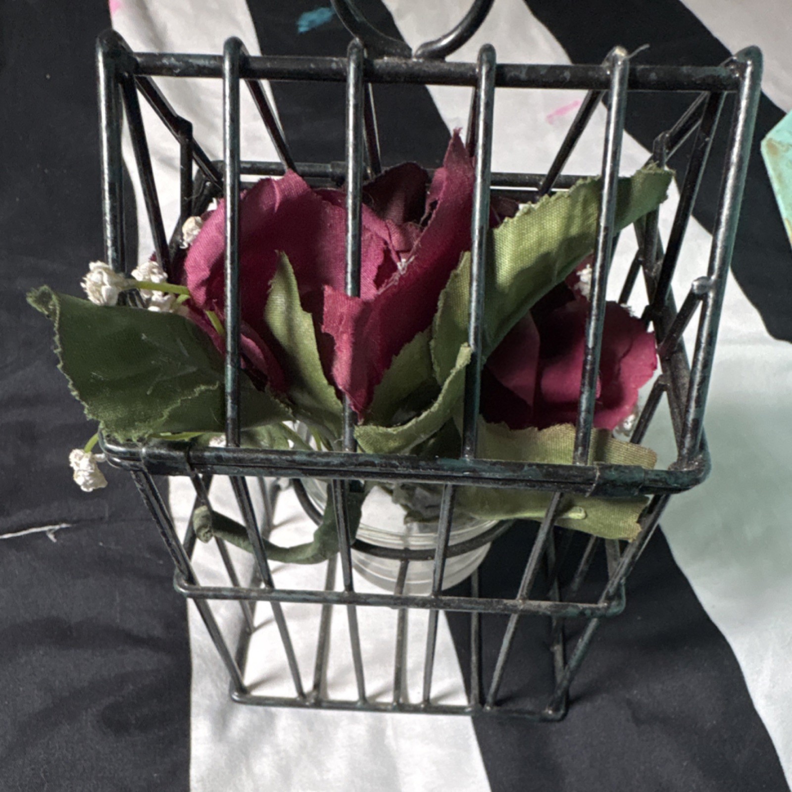 Artificial Rose Arrangement Metal Basket 6×6 Inch Burgundy Green Black Decor