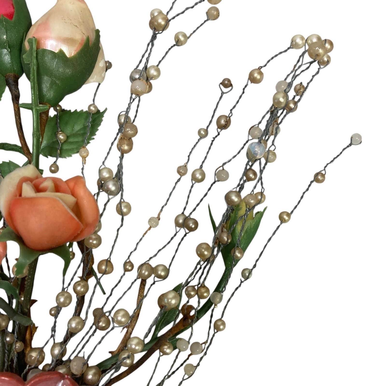 VTG Floral Arrangement Roses Pearl Beads Decorative Bouquet Display Handcrafted