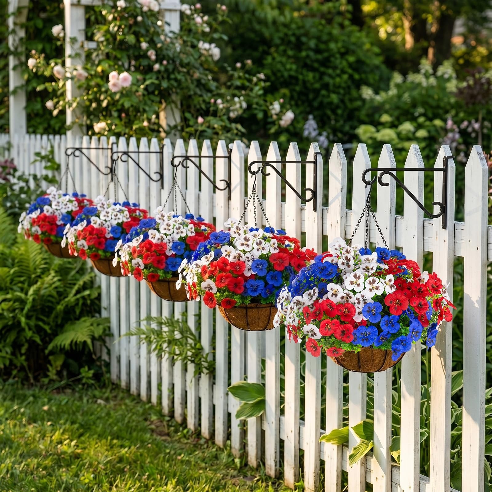 2 Sets Faux Hanging Pansy Flowers with Baskets – 24 Pcs Patriotic Silk Decor for