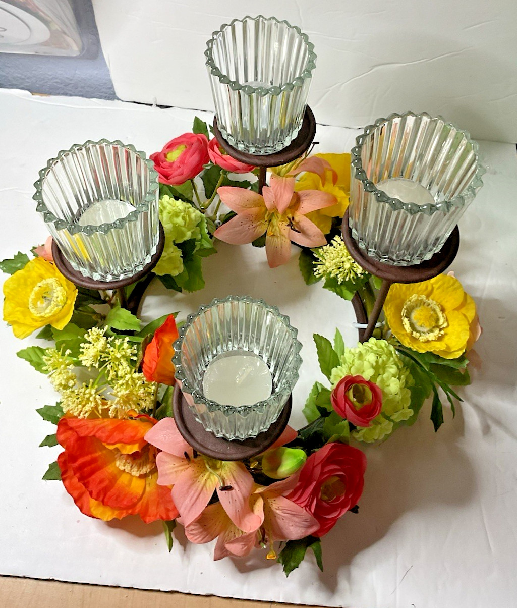Avon Floral Lighted Centerpiece 12” Rnd Metal Glass Votive Holders NIB EasyShip