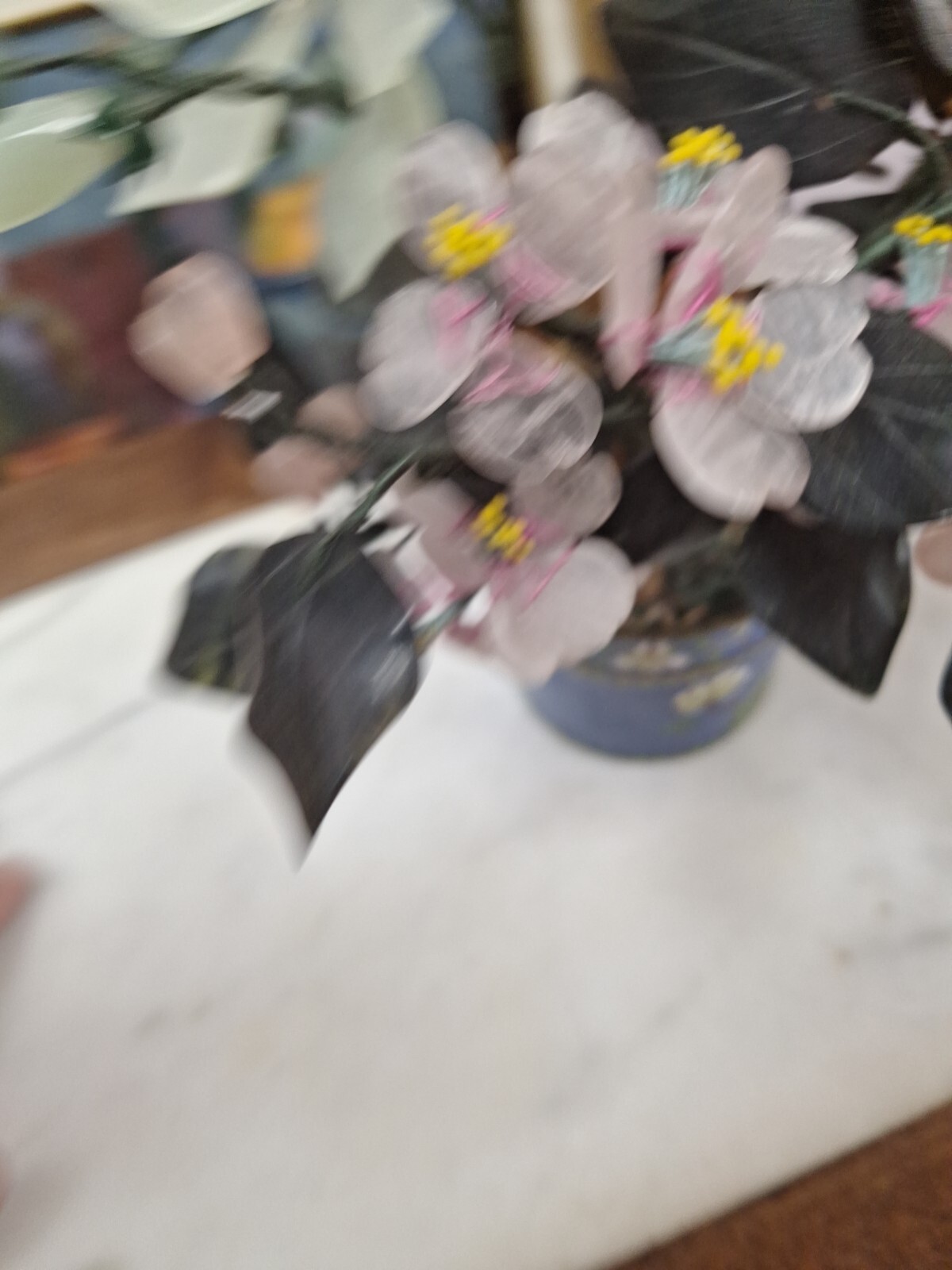 2 Hand Painted Japanese Flower Pots With Artificial Flowers With Jade 3.5″ Diam