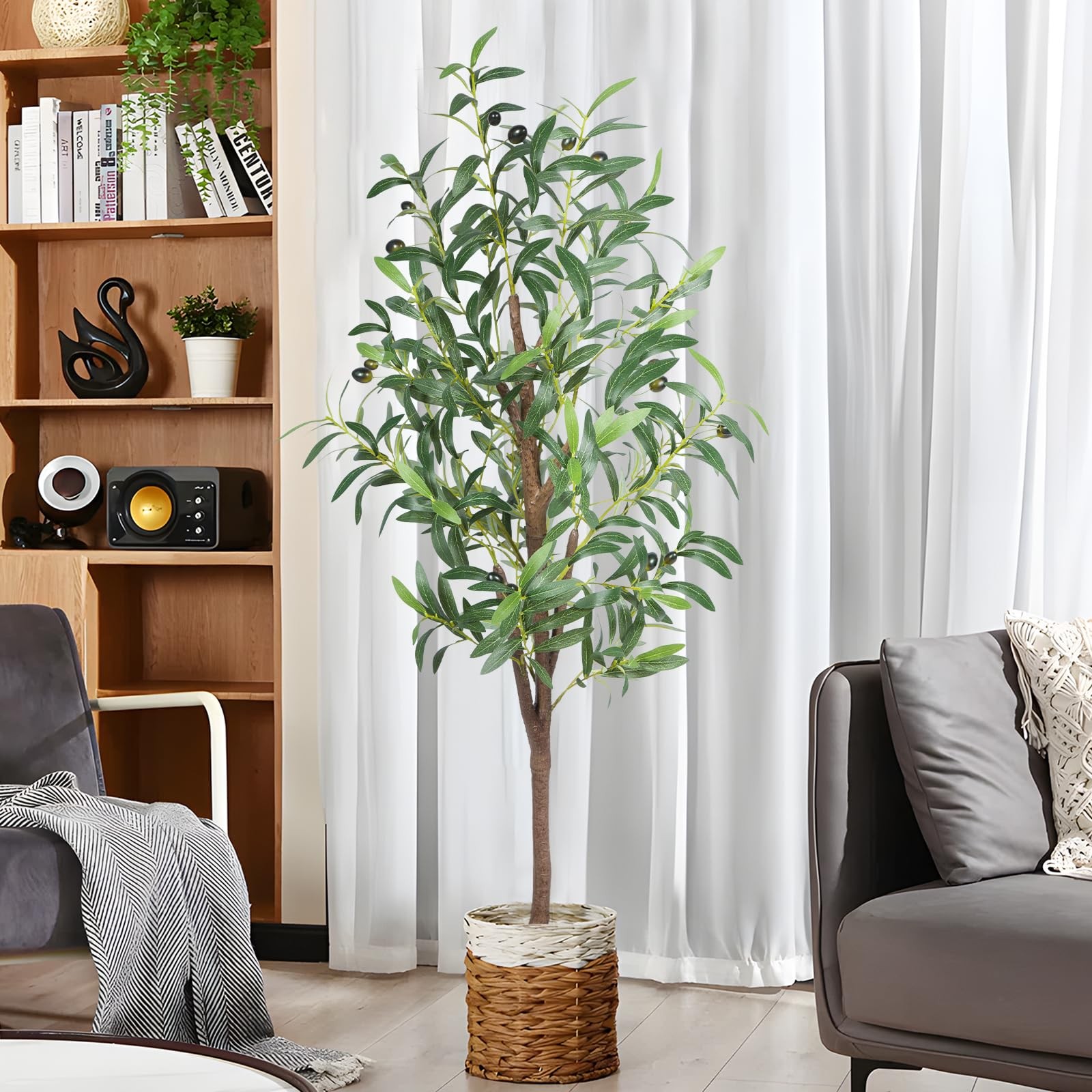 Artificial Olive Tree, 4FT Tall Faux Olive Trees 48in Outdoor Fake Potted Sil…