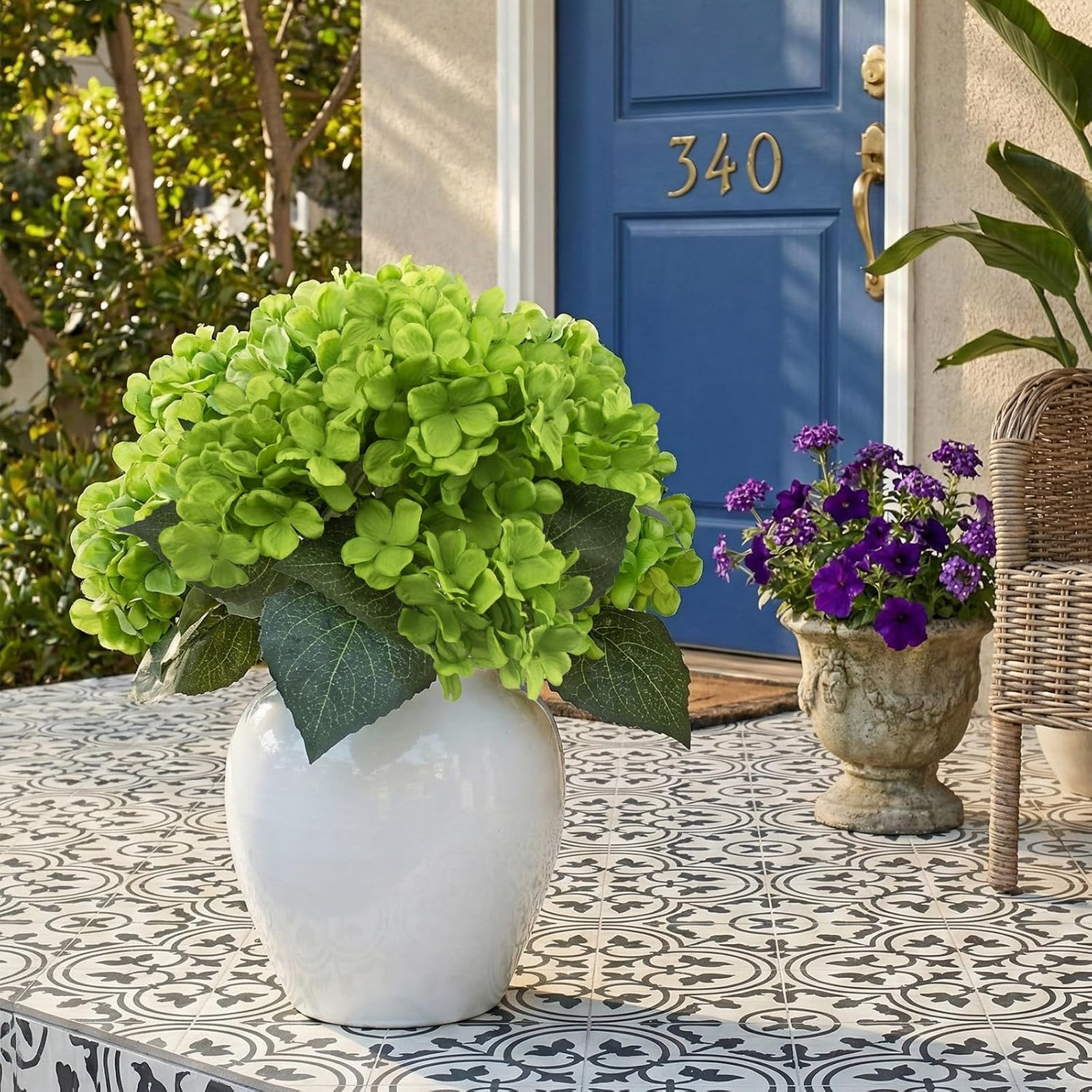 Artificial Hydrangea Flowers 4 Pcs Silk Bouquets UV Resistant Green Faux for