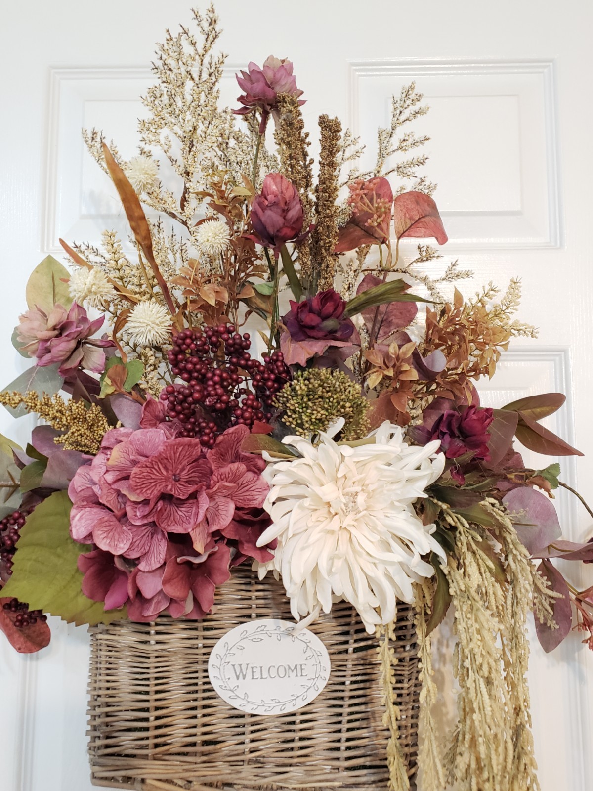 24″ Fall Wicker Wall Basket, Burgundy Cream Silk Floral Arrangement Autumn Porch