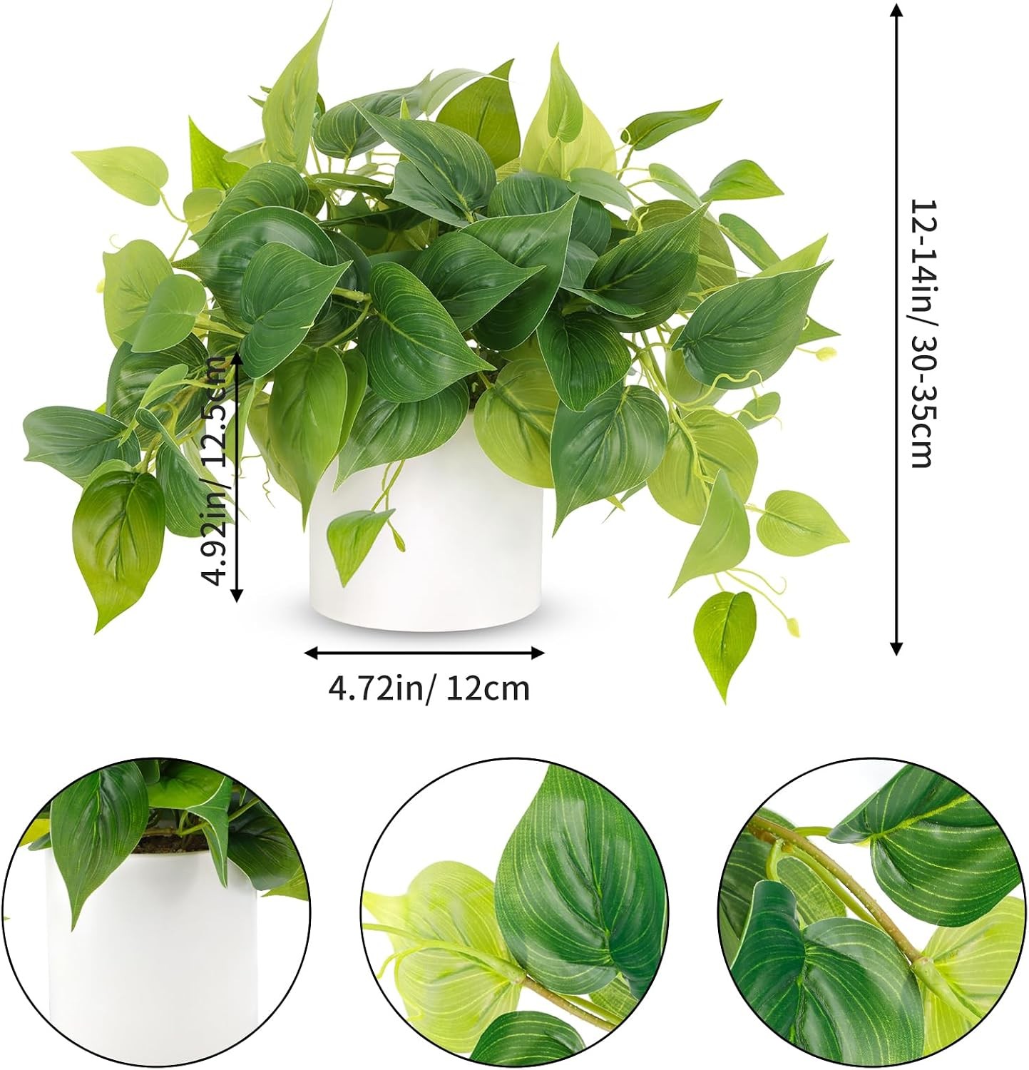 Small Faux Pothos Plant, Indoor Pot with White Ceramic for Shelf Decor
