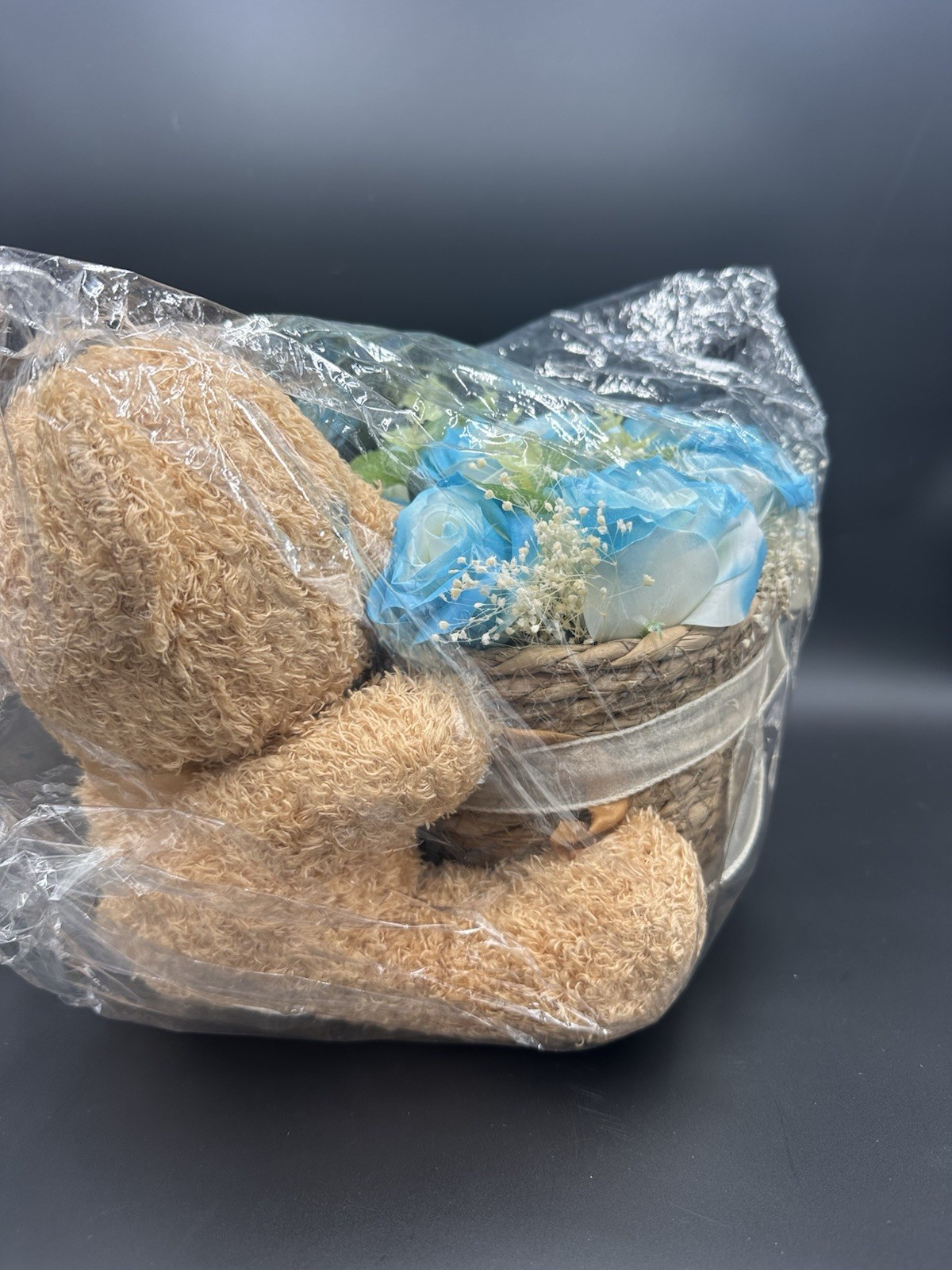 Teddy Bear with Blue Rose Flower Basket Gift Wrapped – Valentine Birthday Decor