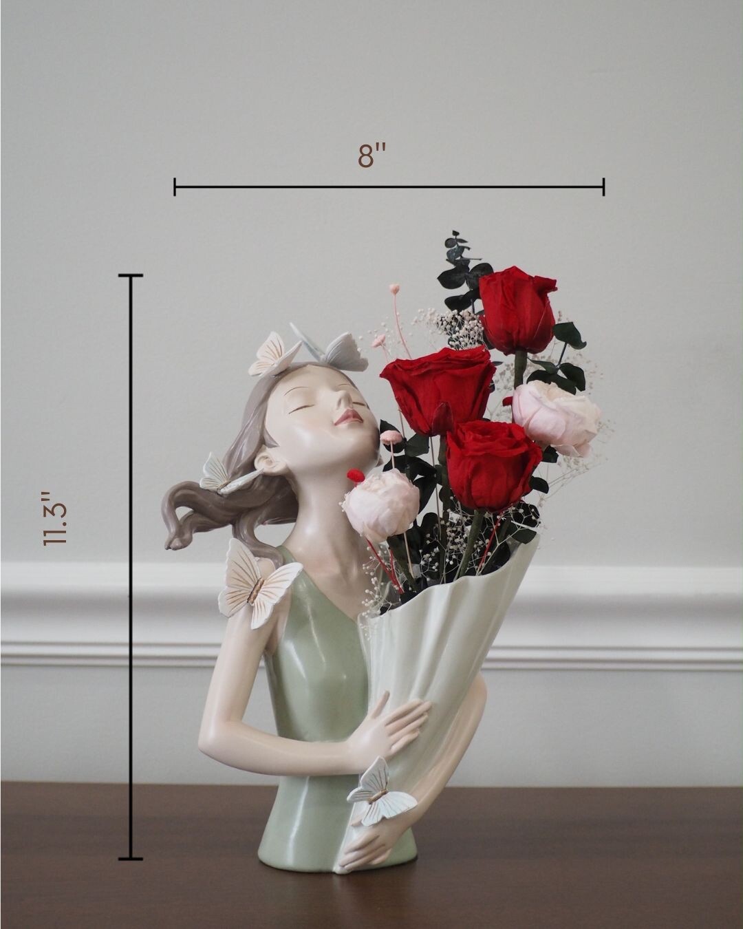 Preserved Flowers in Butterfly Girl Resin Vase, Floral Gifts for Loved Ones